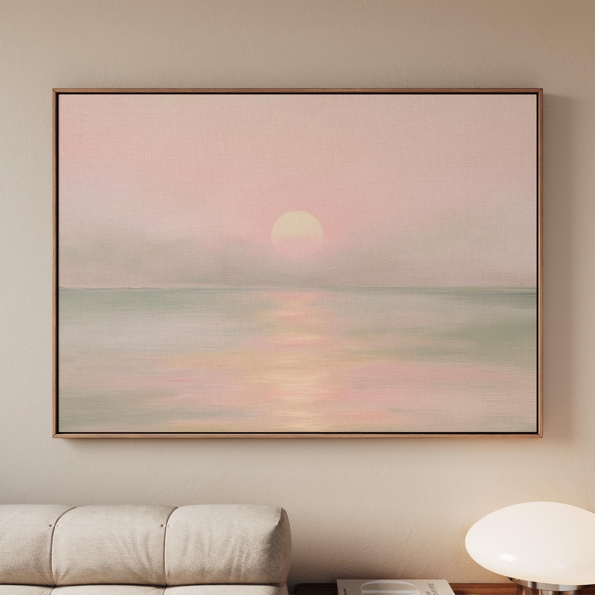 Large Framed Sunset Ocean Wall Art, Soft Pastel Pink Orange Coastal Landscape Canvas Print, Calm Sea Seascape Decor, ART