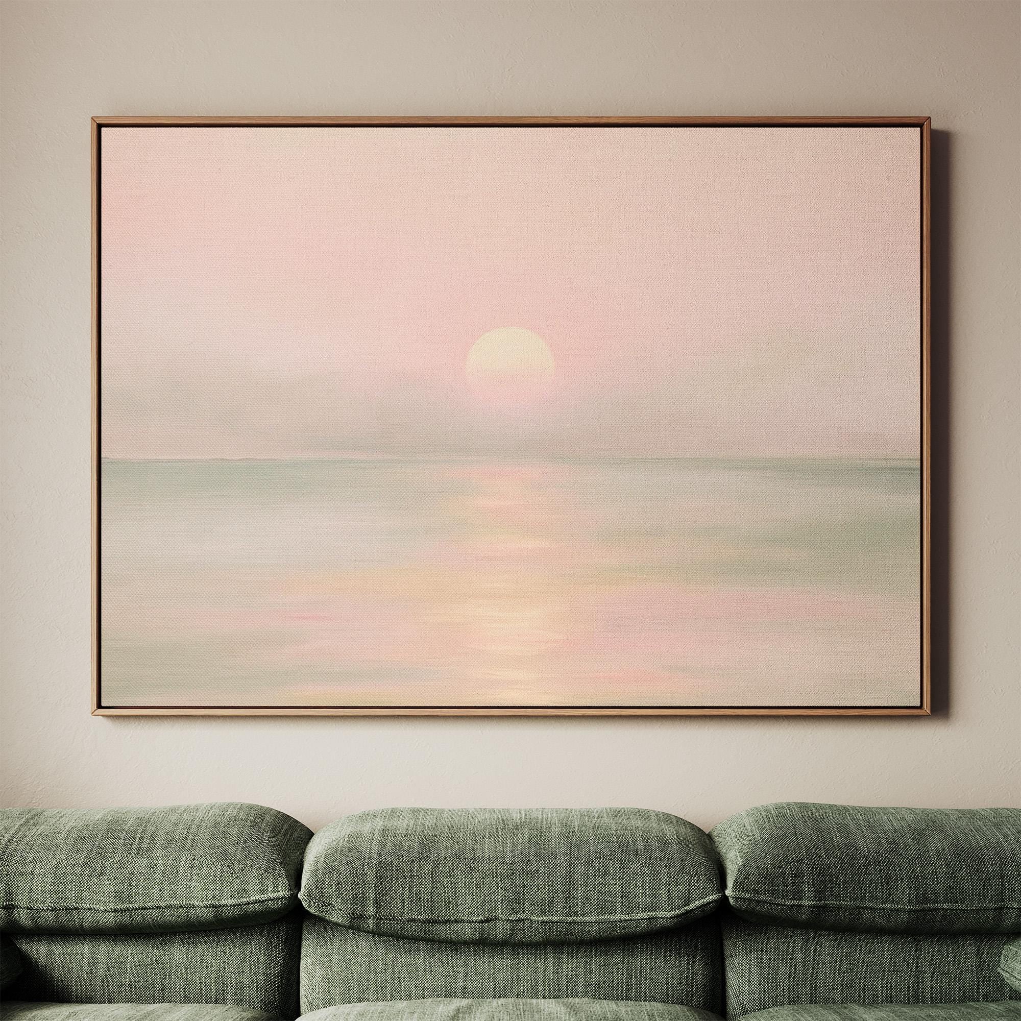 Large Framed Sunset Ocean Wall Art, Soft Pastel Pink Orange Coastal Landscape Canvas Print, Calm Sea Seascape Decor, ART