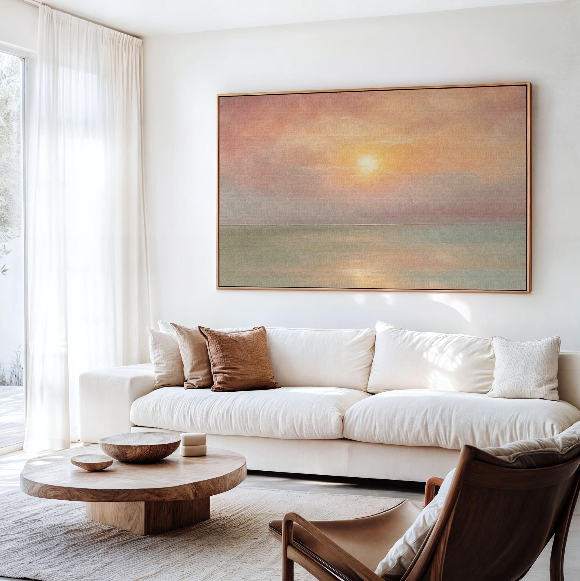 Pastel Sunset Seascape Wall Art, Framed Coastal Landscape Poster Print, Soft Pink Orange Ocean Decor, ART311