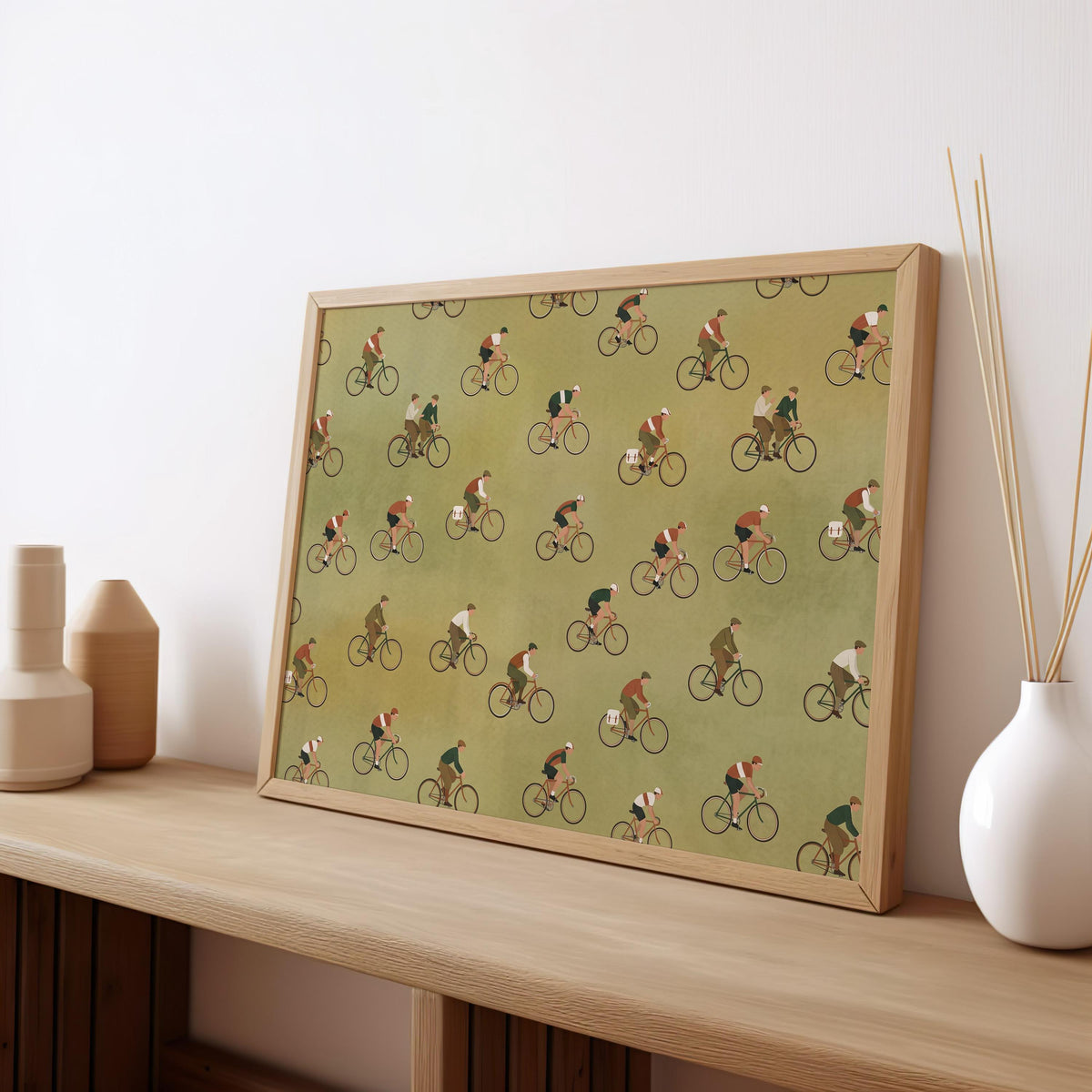 Bicycle Riders Art Print, Framed Canvas Wall Decor, Green Background, Stylish Athletic Decor, ART163