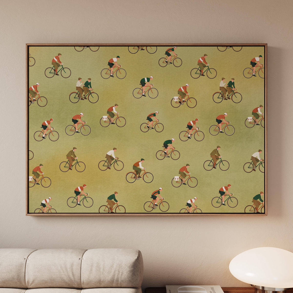 Bicycle Riders Art Print, Framed Canvas Wall Decor, Green Background, Stylish Athletic Decor, ART163