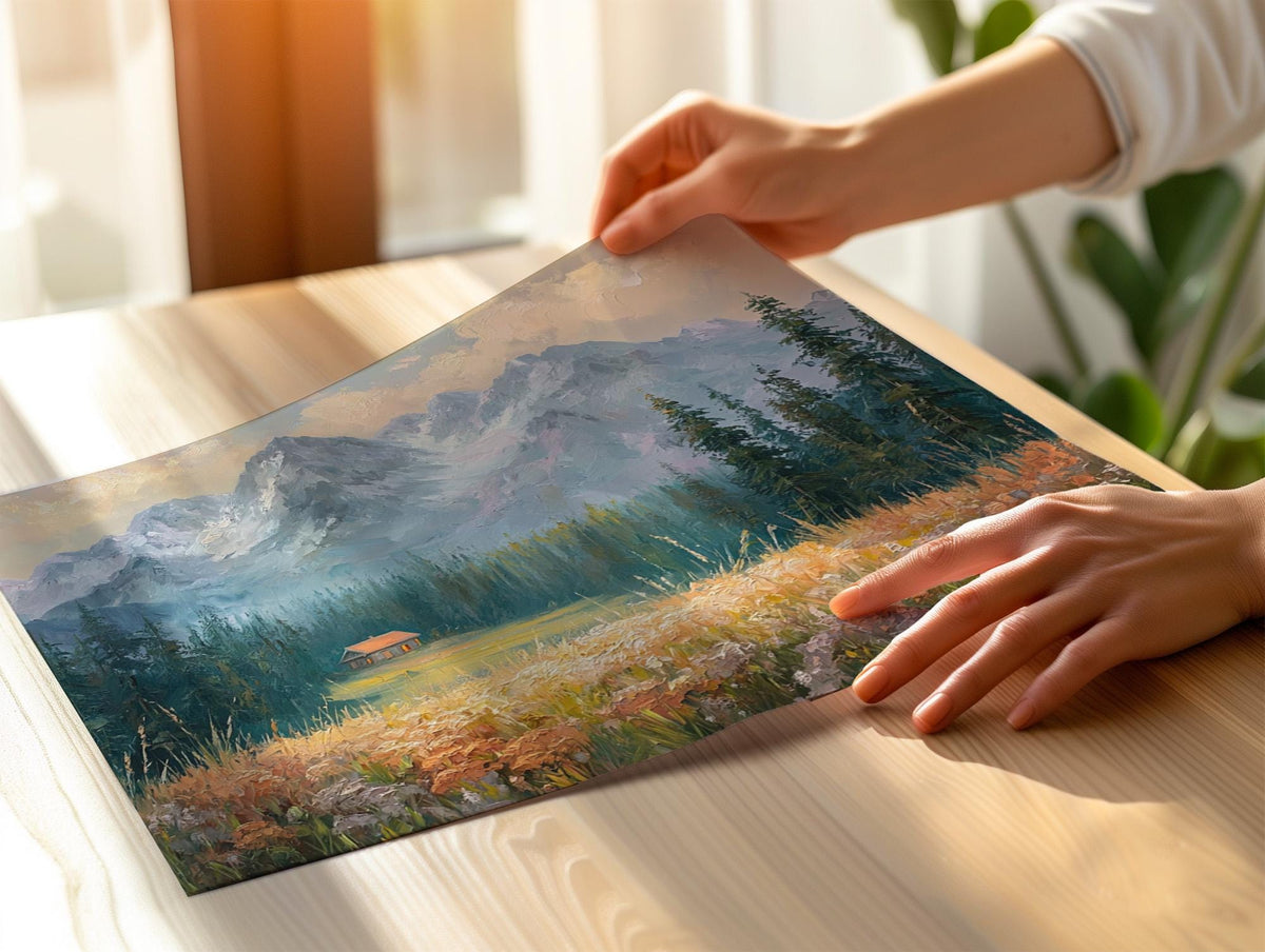 Vintage Pacific Northwest Landscape Art Print, Mountain Wildflowers Painting, Botanical Wall Art Poster, Cozy Nature Dec