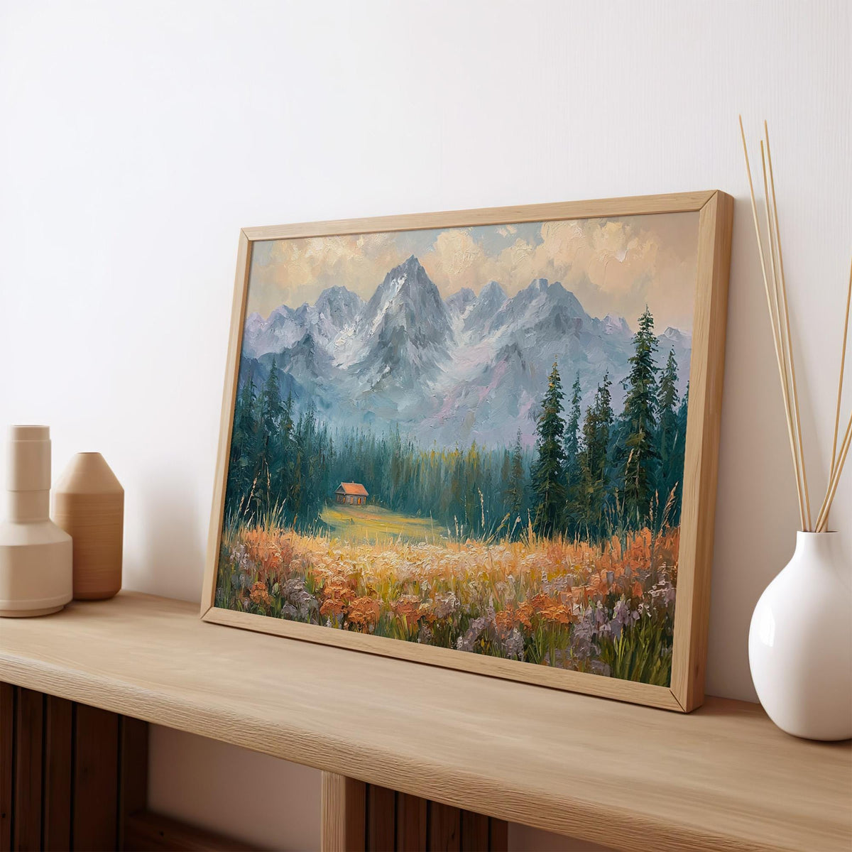 Vintage Pacific Northwest Landscape Art Print, Mountain Wildflowers Painting, Botanical Wall Art Poster, Cozy Nature Dec