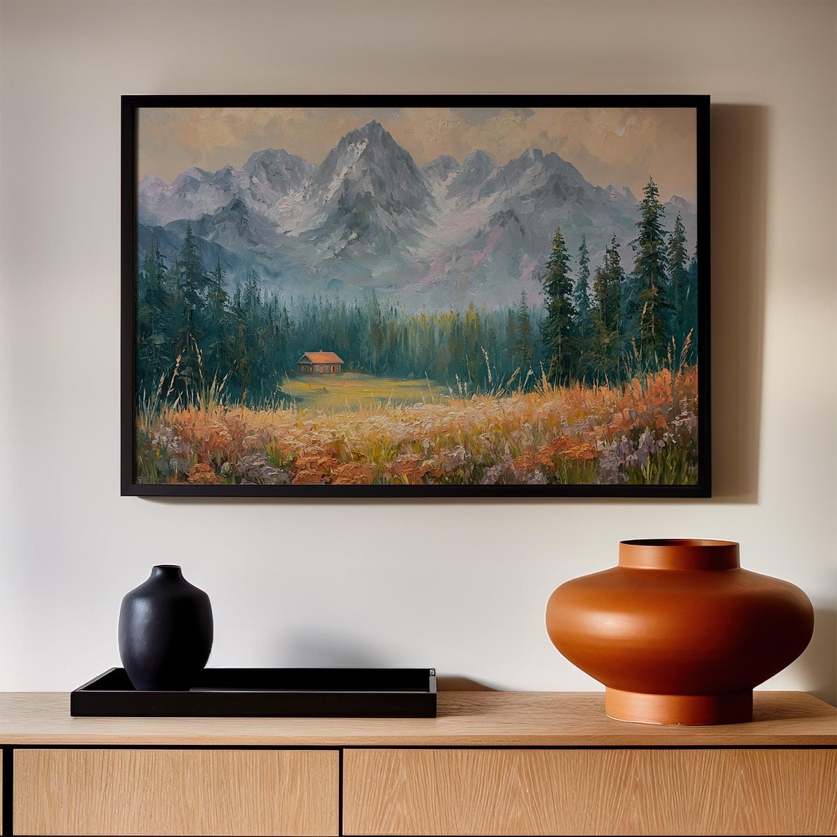 Vintage Pacific Northwest Landscape Art Print, Mountain Wildflowers Painting, Botanical Wall Art Poster, Cozy Nature Dec