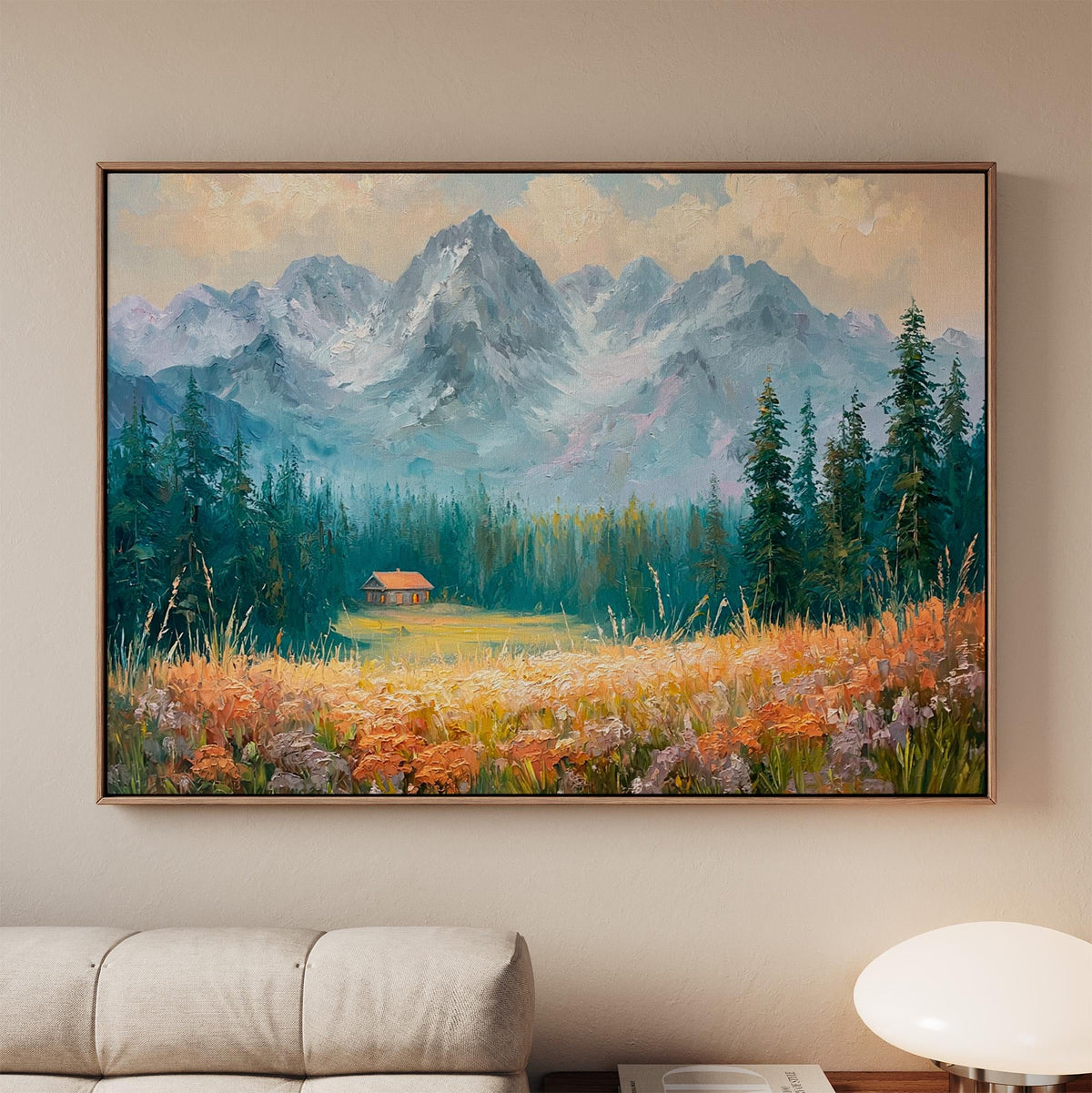 Vintage Pacific Northwest Landscape Art Print, Mountain Wildflowers Painting, Botanical Wall Art Poster, Cozy Nature Dec