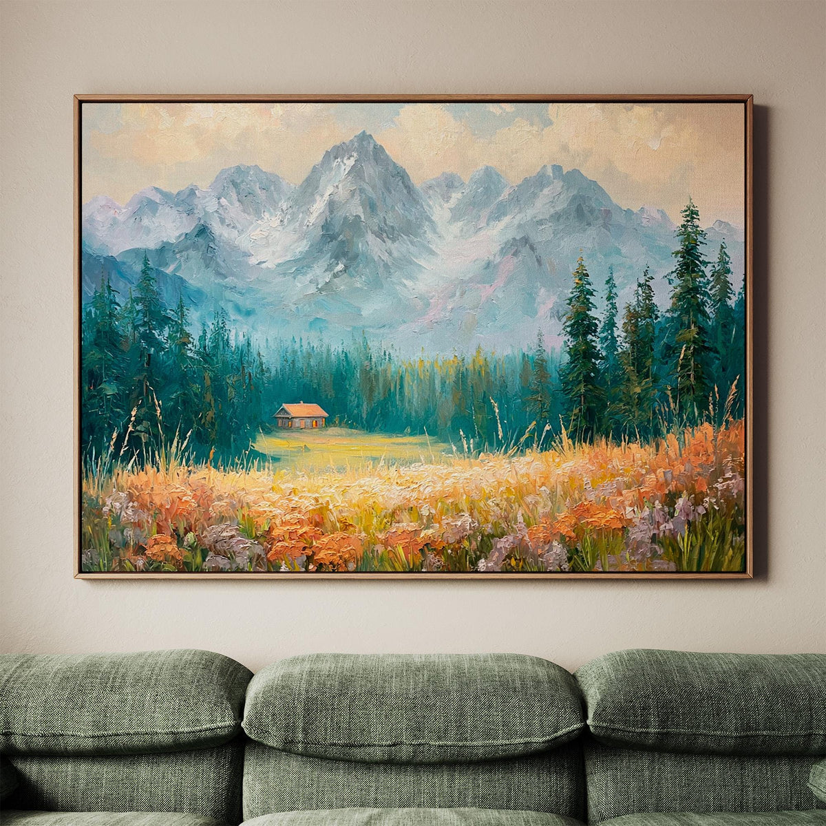 Vintage Pacific Northwest Landscape Art Print, Mountain Wildflowers Painting, Botanical Wall Art Poster, Cozy Nature Dec