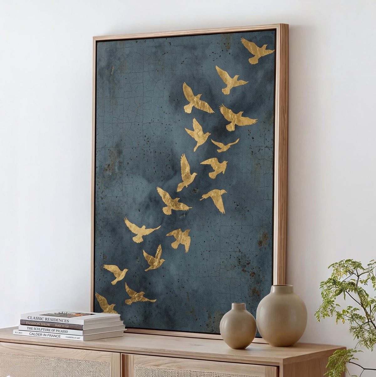 Flock of Flying Birds Gold Framed Canvas Wall Art, Minimalist Spiritual Home Decor, Modern Japandi Golden Artwork, ART97