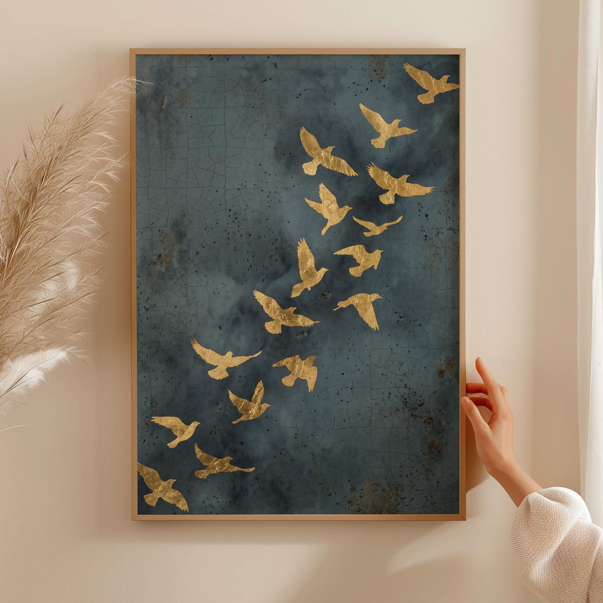 Flock of Flying Birds Gold Framed Canvas Wall Art, Minimalist Spiritual Home Decor, Modern Japandi Golden Artwork, ART97