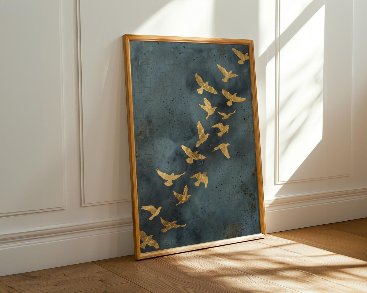 Flock of Flying Birds Gold Framed Canvas Wall Art, Minimalist Spiritual Home Decor, Modern Japandi Golden Artwork, ART97