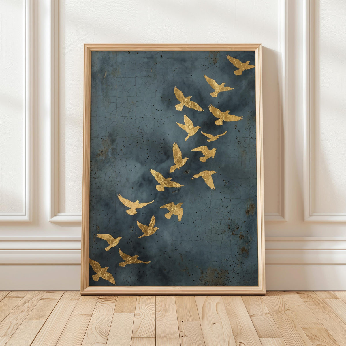 Flock of Flying Birds Gold Framed Canvas Wall Art, Minimalist Spiritual Home Decor, Modern Japandi Golden Artwork, ART97