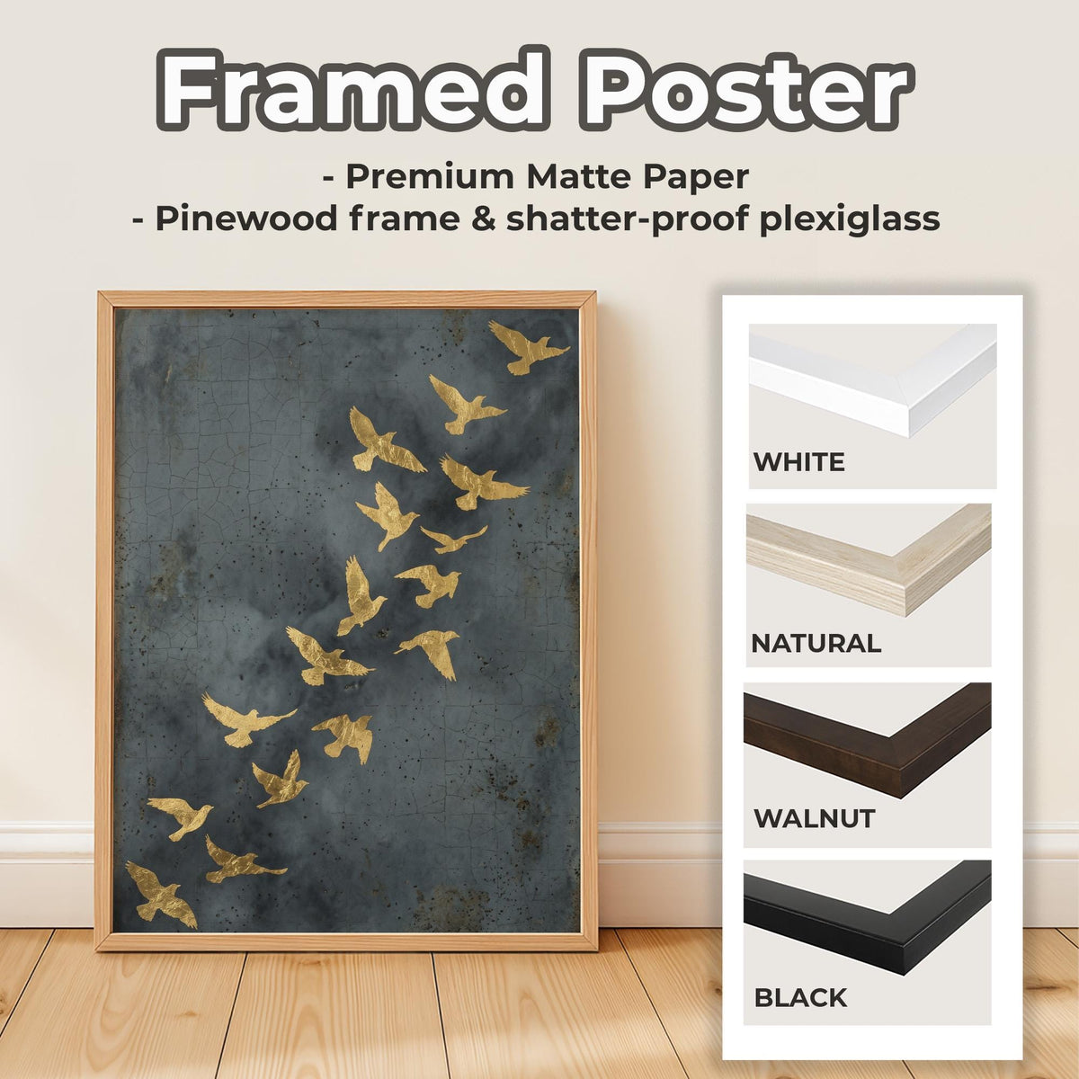 Flock of Flying Birds Gold Framed Canvas Wall Art, Minimalist Spiritual Home Decor, Modern Japandi Golden Artwork, ART97
