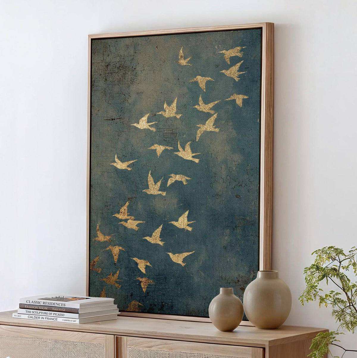 Gold Framed Flying Birds Wall Art, Minimalist Spiritual Canvas Print, Modern Japandi Abstract Home Decor, ART97