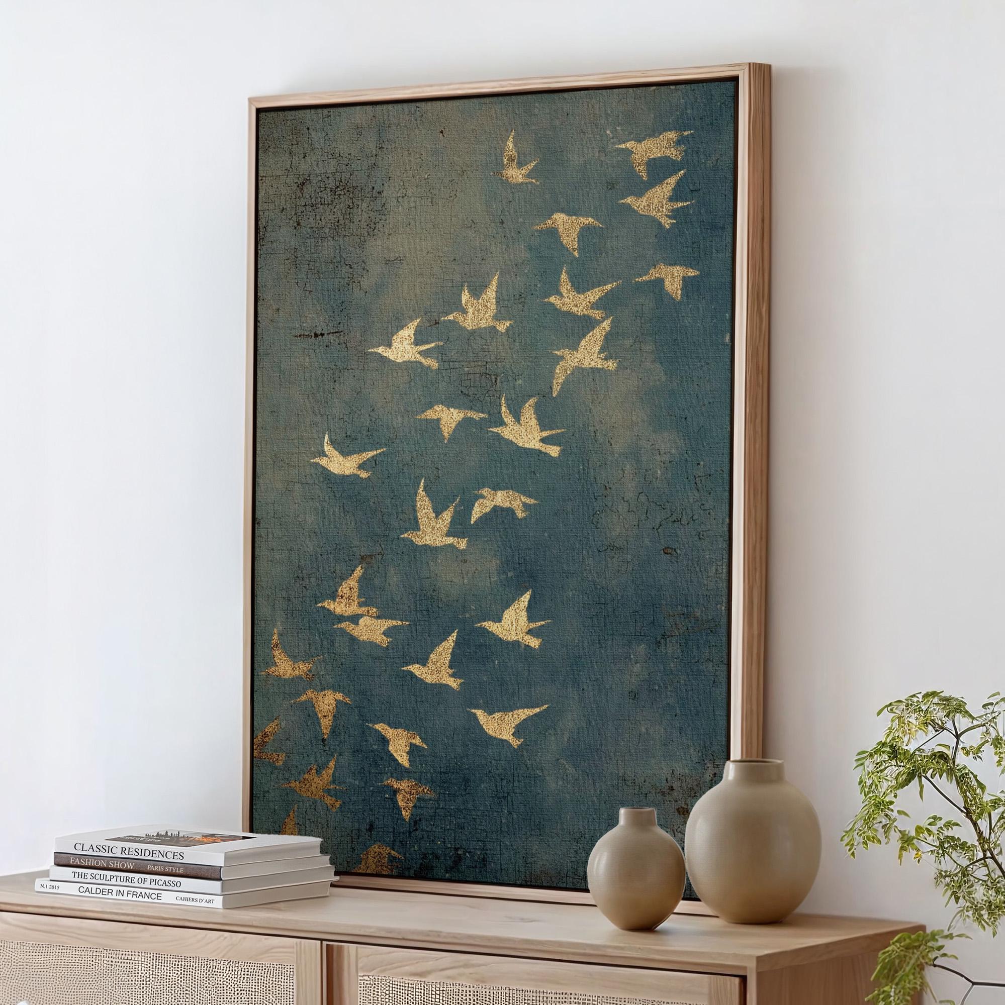 Gold Framed Flying Birds Wall Art, Minimalist Spiritual Canvas Print, Modern Japandi Abstract Home Decor, ART97
