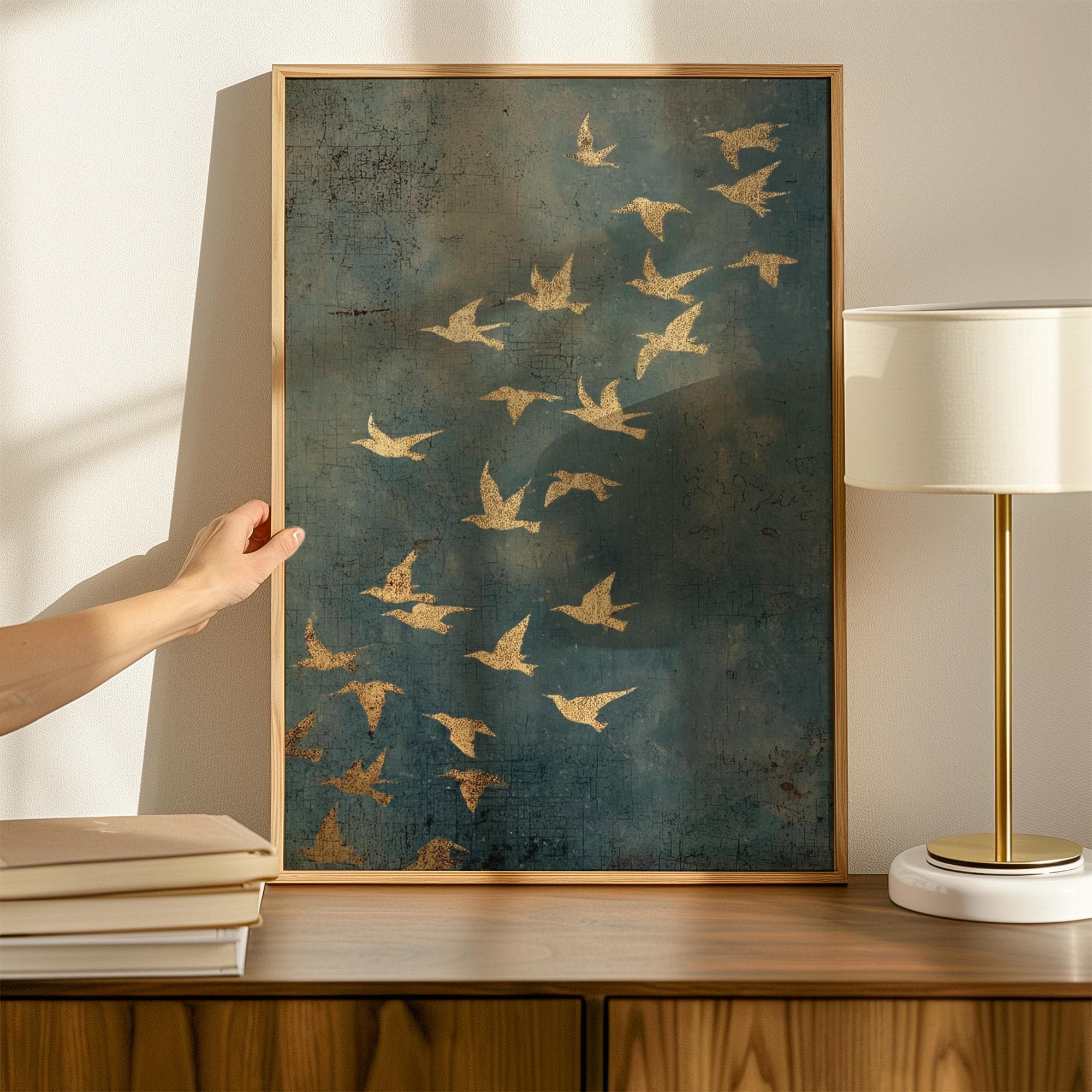 Gold Framed Flying Birds Wall Art, Minimalist Spiritual Canvas Print, Modern Japandi Abstract Home Decor, ART97
