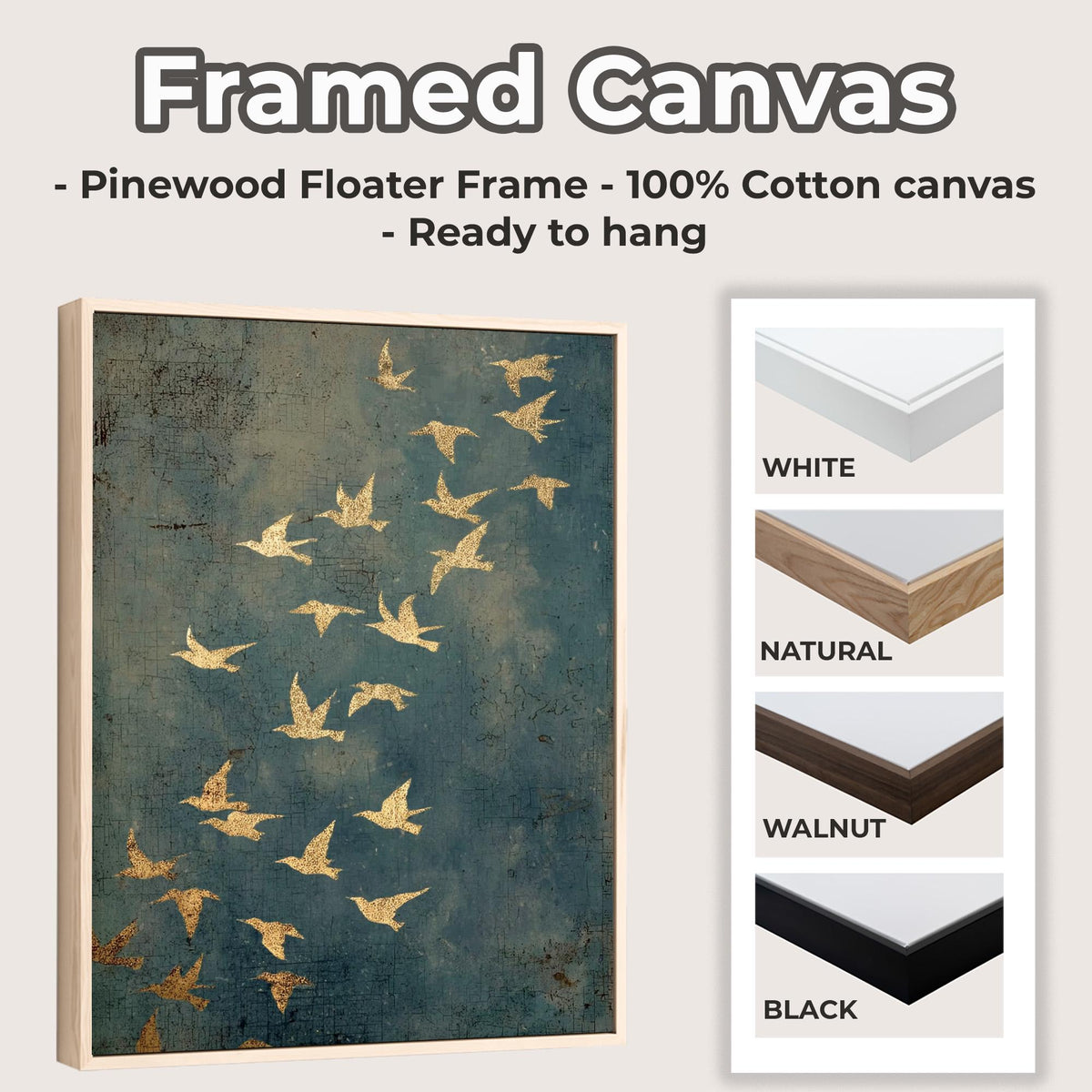Gold Framed Flying Birds Wall Art, Minimalist Spiritual Canvas Print, Modern Japandi Abstract Home Decor, ART97