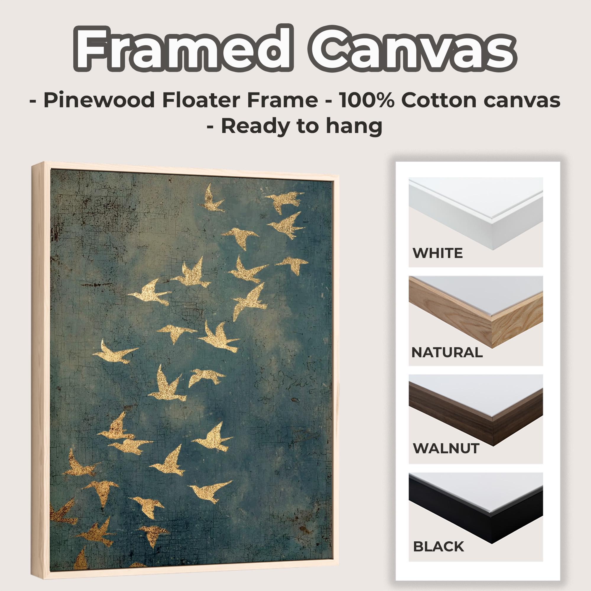 Gold Framed Flying Birds Wall Art, Minimalist Spiritual Canvas Print, Modern Japandi Abstract Home Decor, ART97