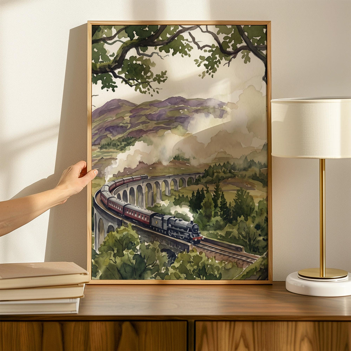 Glenfinnan Viaduct Art Print, Scottish Highlands Watercolor Landscape, Scenic Scotland Travel Wall Art for Home Decor, A