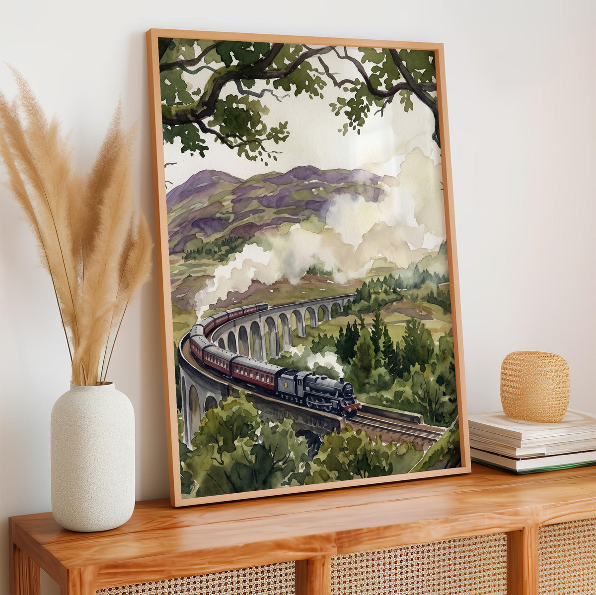 Glenfinnan Viaduct Art Print, Scottish Highlands Watercolor Landscape, Scenic Scotland Travel Wall Art for Home Decor, A