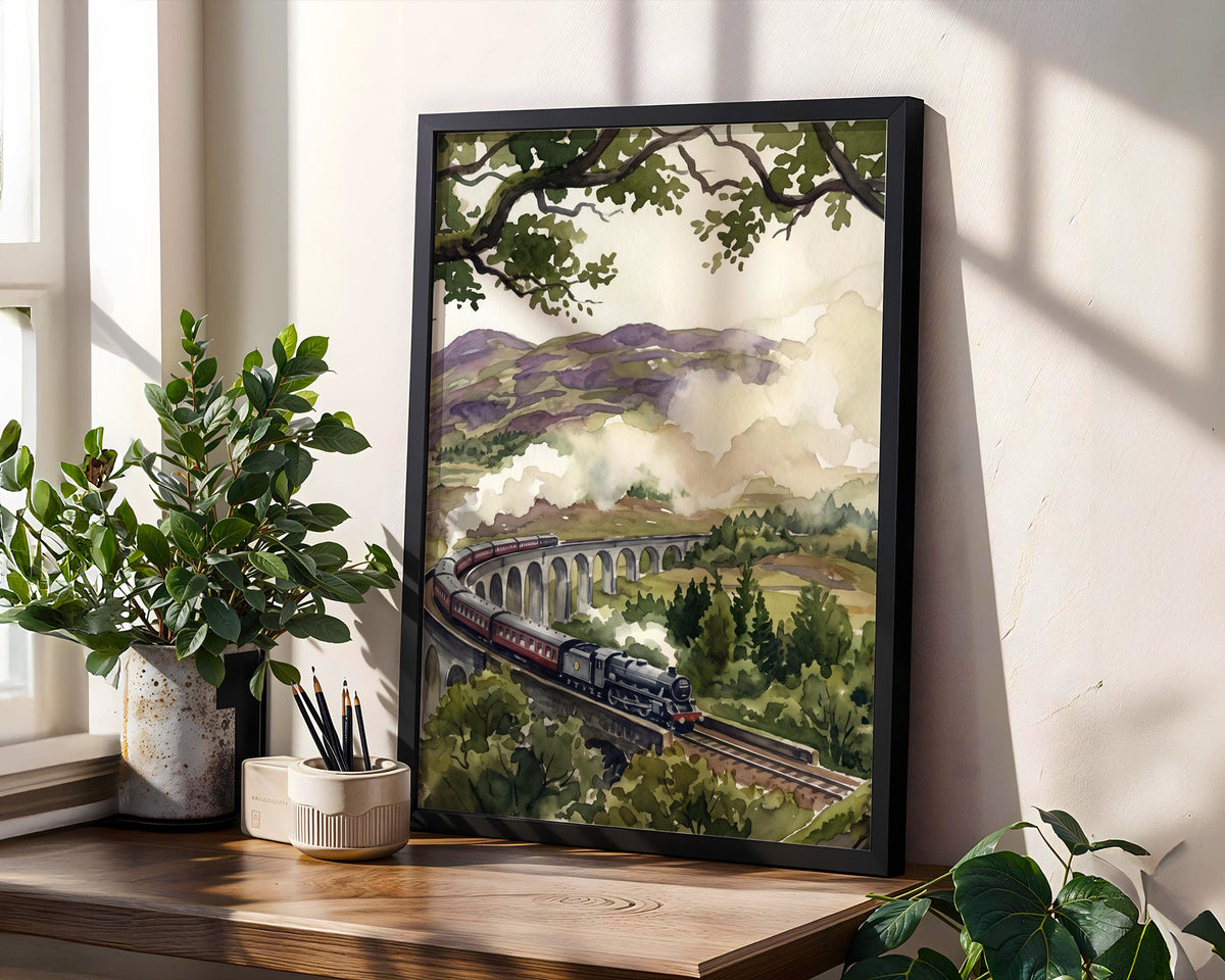 Glenfinnan Viaduct Art Print, Scottish Highlands Watercolor Landscape, Scenic Scotland Travel Wall Art for Home Decor, A