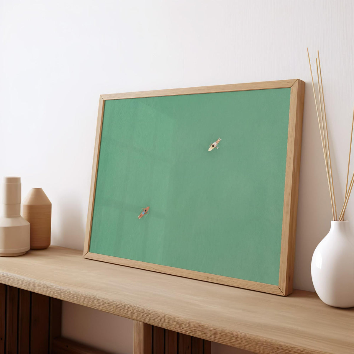 Green Abstract Swimming Art, Two Girls Painting, Modern Figure Wall Art with Expressive Movement and Contemporary Green 