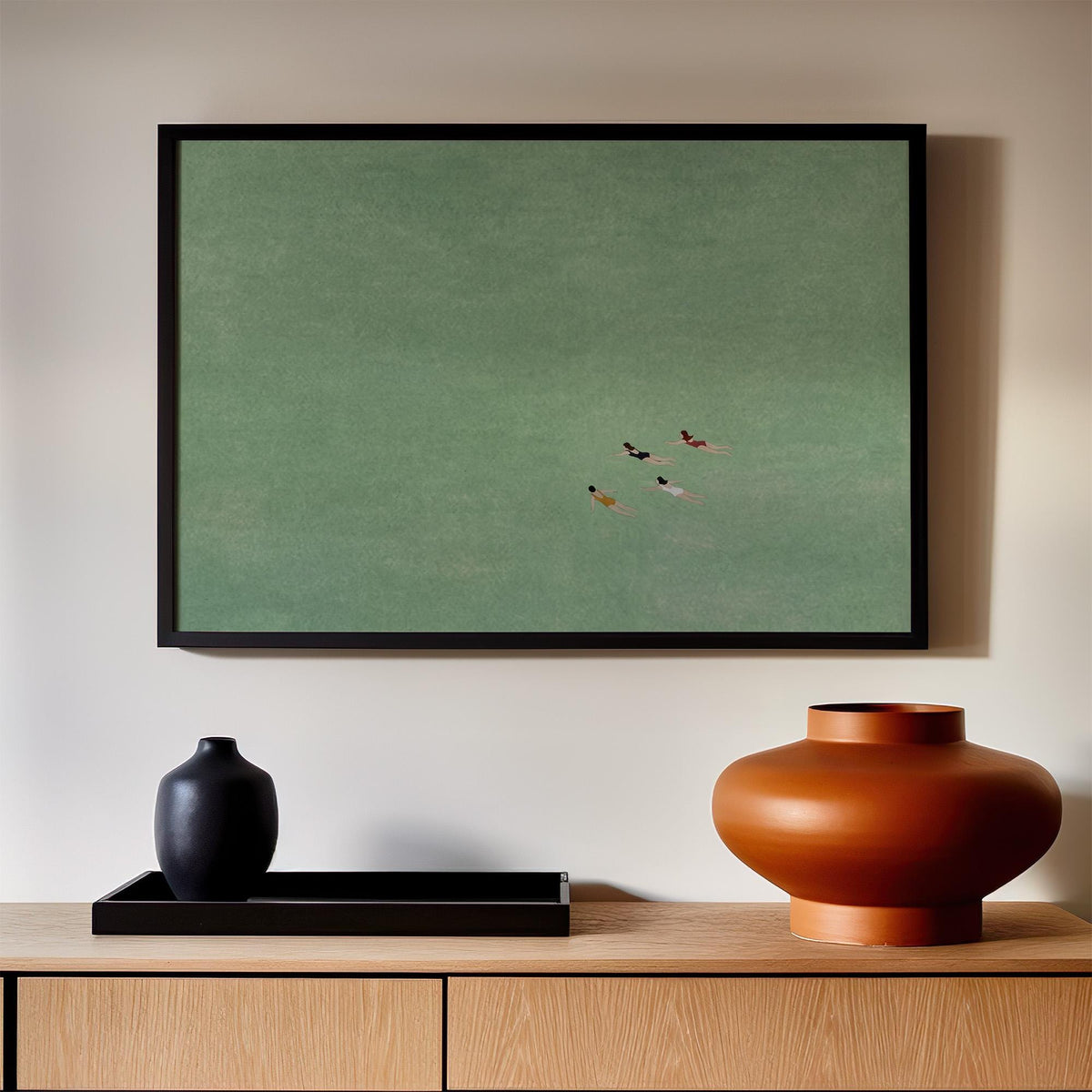 Green Abstract Swimming Art, Four Girls Painting, Modern Figure Wall Art with Expressive Movement and Contemporary Green