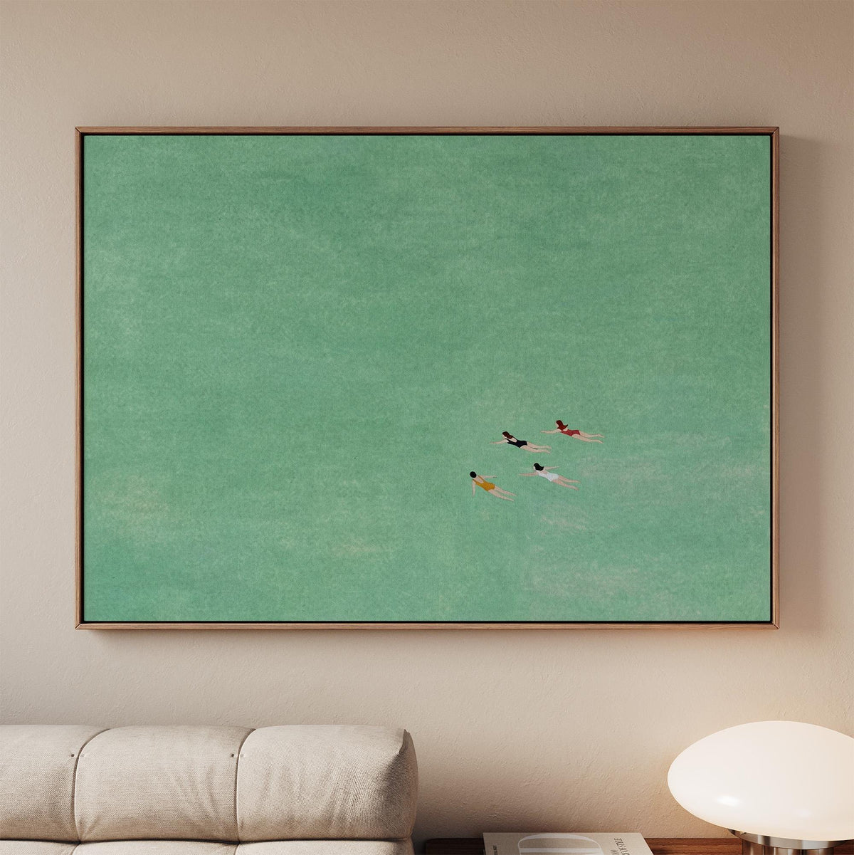 Green Abstract Swimming Art, Four Girls Painting, Modern Figure Wall Art with Expressive Movement and Contemporary Green