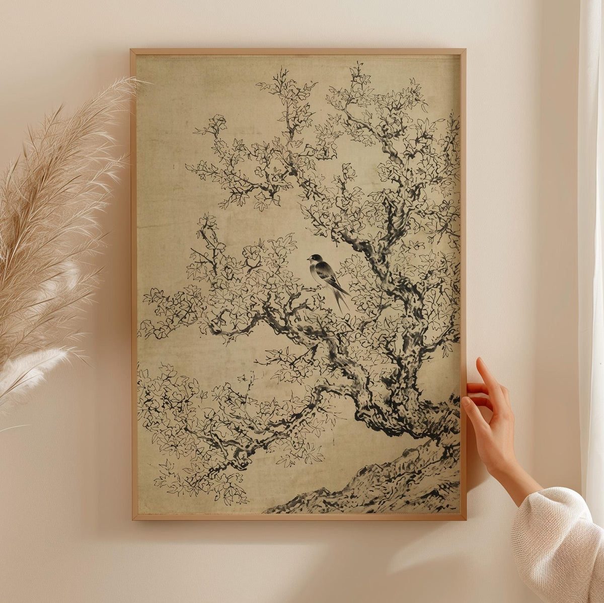 Minimalist Sage Green Cherry Blossom Print, Vintage Japanese Ink Sketch Wall Art, Antique Botanical Nature Poster, Flora