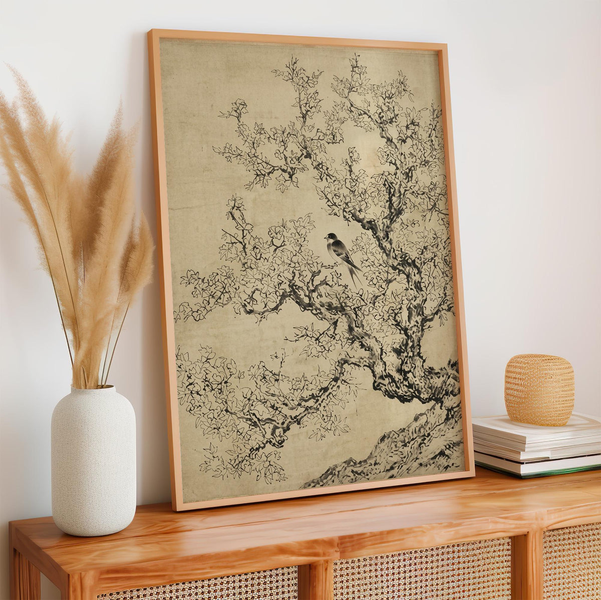 Minimalist Sage Green Cherry Blossom Print, Vintage Japanese Ink Sketch Wall Art, Antique Botanical Nature Poster, Flora