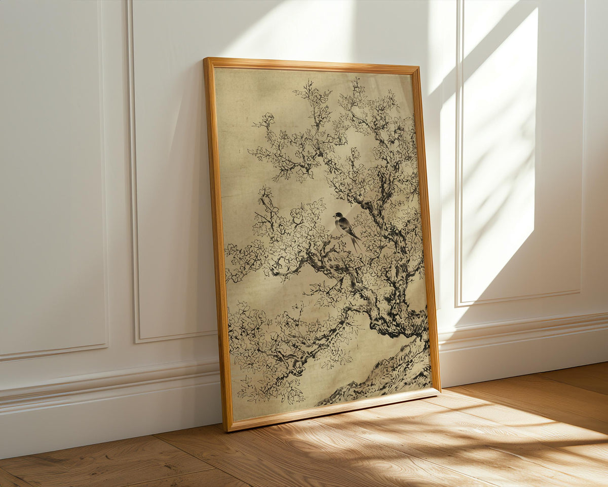 Minimalist Sage Green Cherry Blossom Print, Vintage Japanese Ink Sketch Wall Art, Antique Botanical Nature Poster, Flora