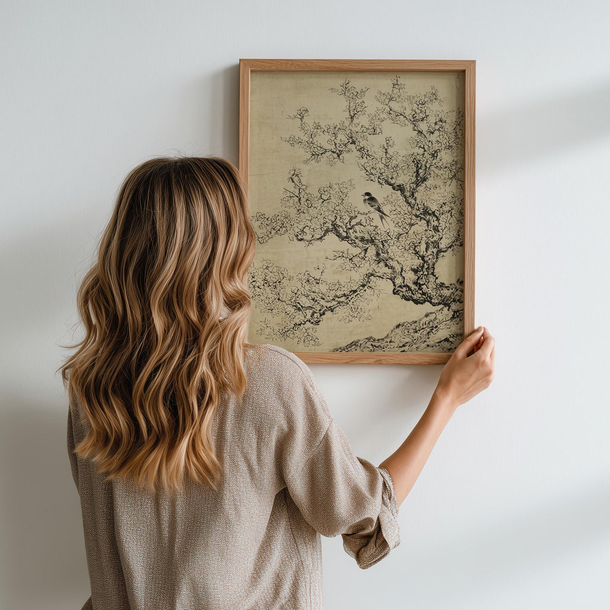 Minimalist Sage Green Cherry Blossom Print, Vintage Japanese Ink Sketch Wall Art, Antique Botanical Nature Poster, Flora