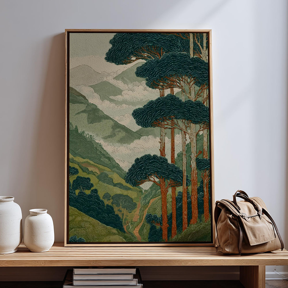 Japanese Style Forest and Mountain Landscape Print, Vintage Nature Wall Art, Tall Trees Over Rolling Hills for Living Ro