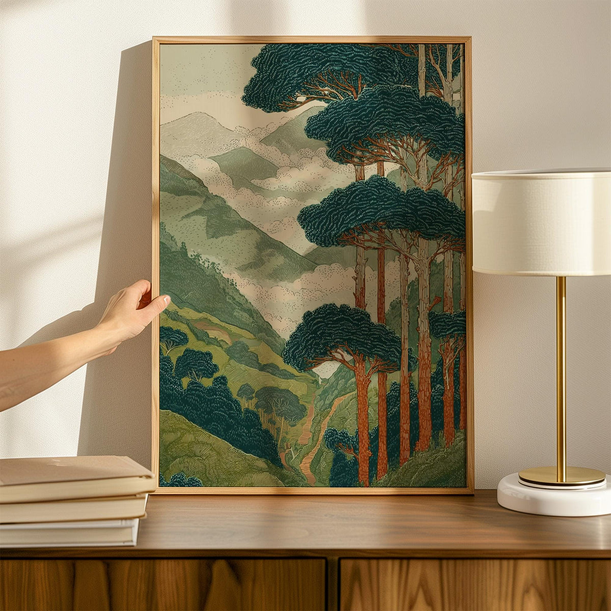 Japanese Style Forest and Mountain Landscape Print, Vintage Nature Wall Art, Tall Trees Over Rolling Hills for Living Ro