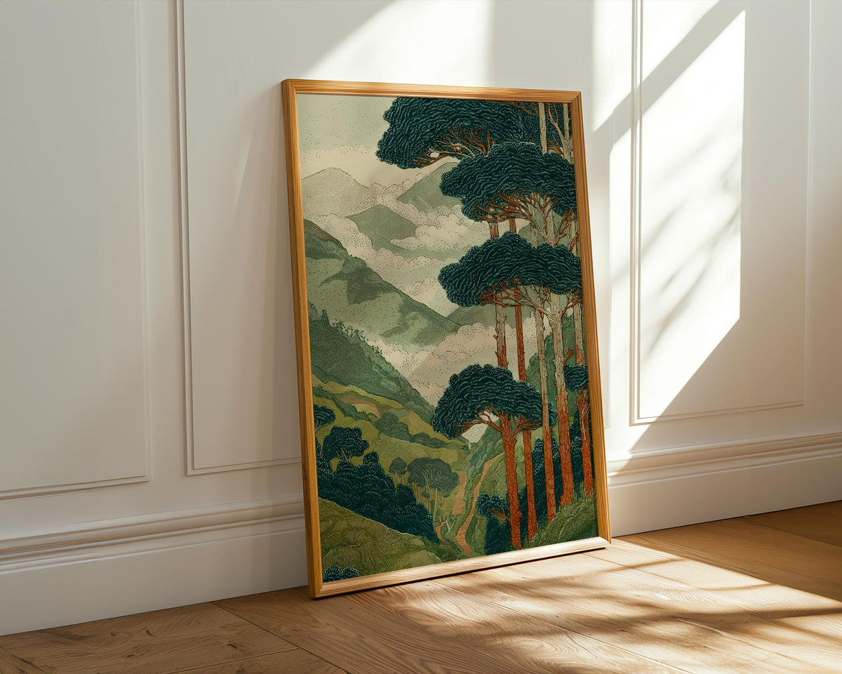 Japanese Style Forest and Mountain Landscape Print, Vintage Nature Wall Art, Tall Trees Over Rolling Hills for Living Ro
