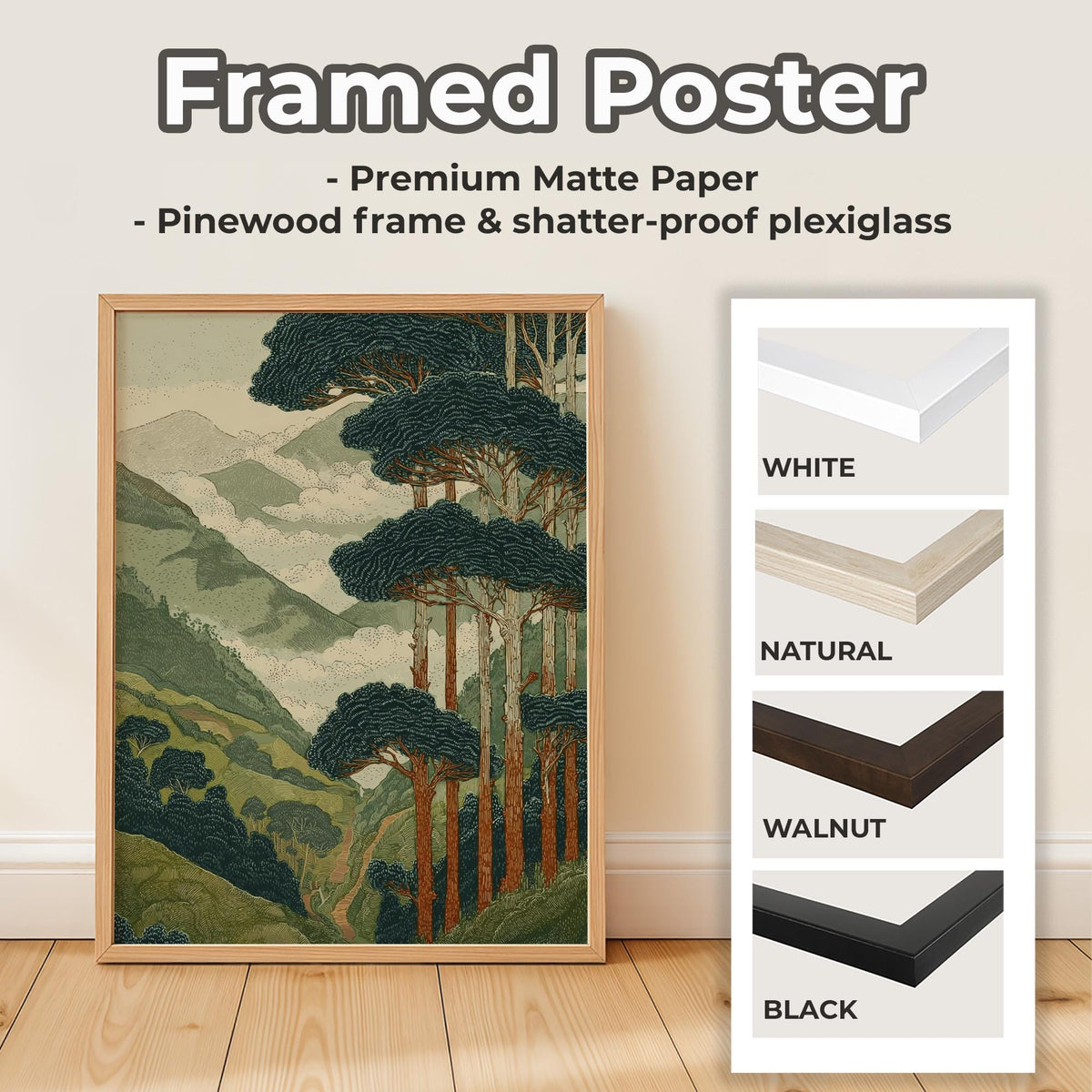 Japanese Style Forest and Mountain Landscape Print, Vintage Nature Wall Art, Tall Trees Over Rolling Hills for Living Ro