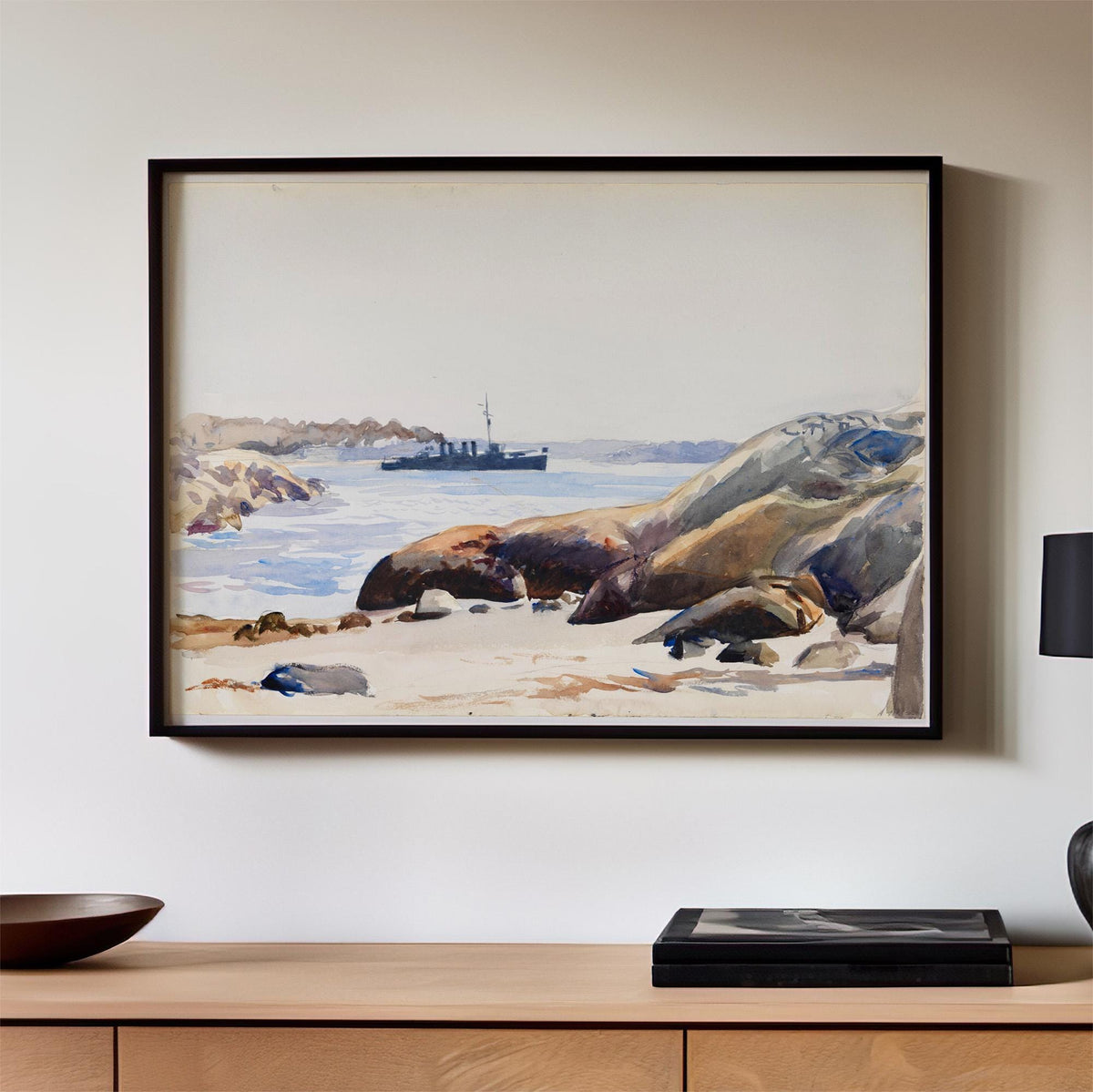 Edward Hopper, Destroyer and Rocky Shore - 1923–1924 Coastal Study, Maritime Wall Art, Watercolor Print, Whitney Museum 