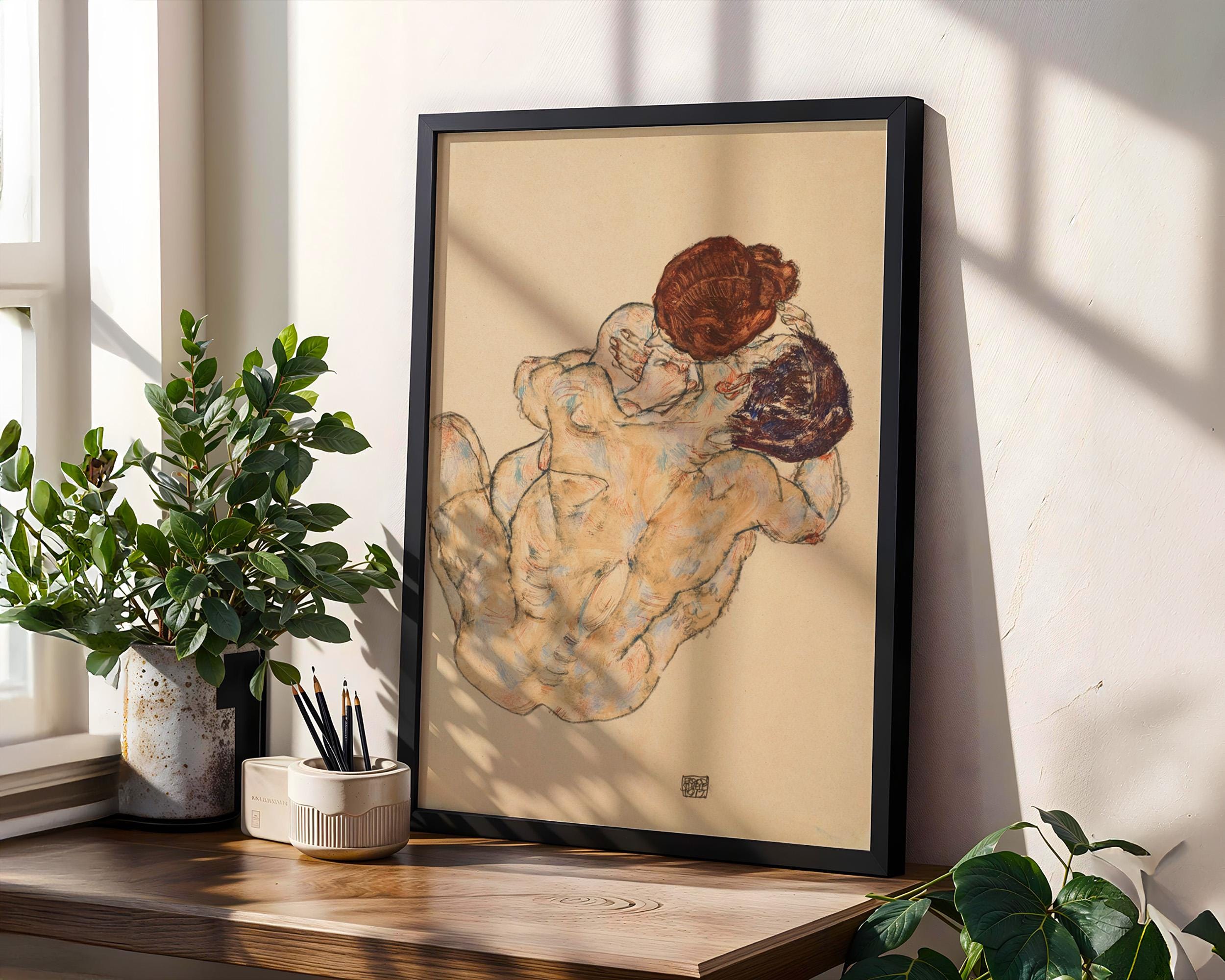 Egon Schiele, Man and Woman - 1917 Expressionist Embrace Print, Austrian Modernism Wall Art, Lovers Figure Poster, Vinta