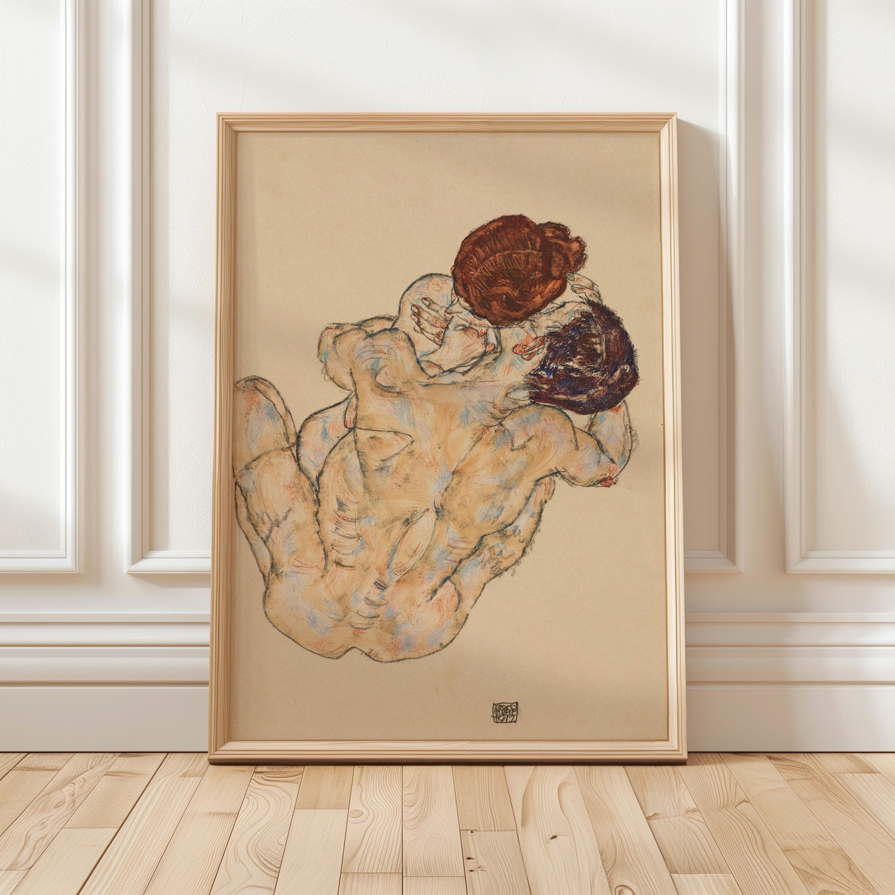 Egon Schiele, Man and Woman - 1917 Expressionist Embrace Print, Austrian Modernism Wall Art, Lovers Figure Poster, Vinta