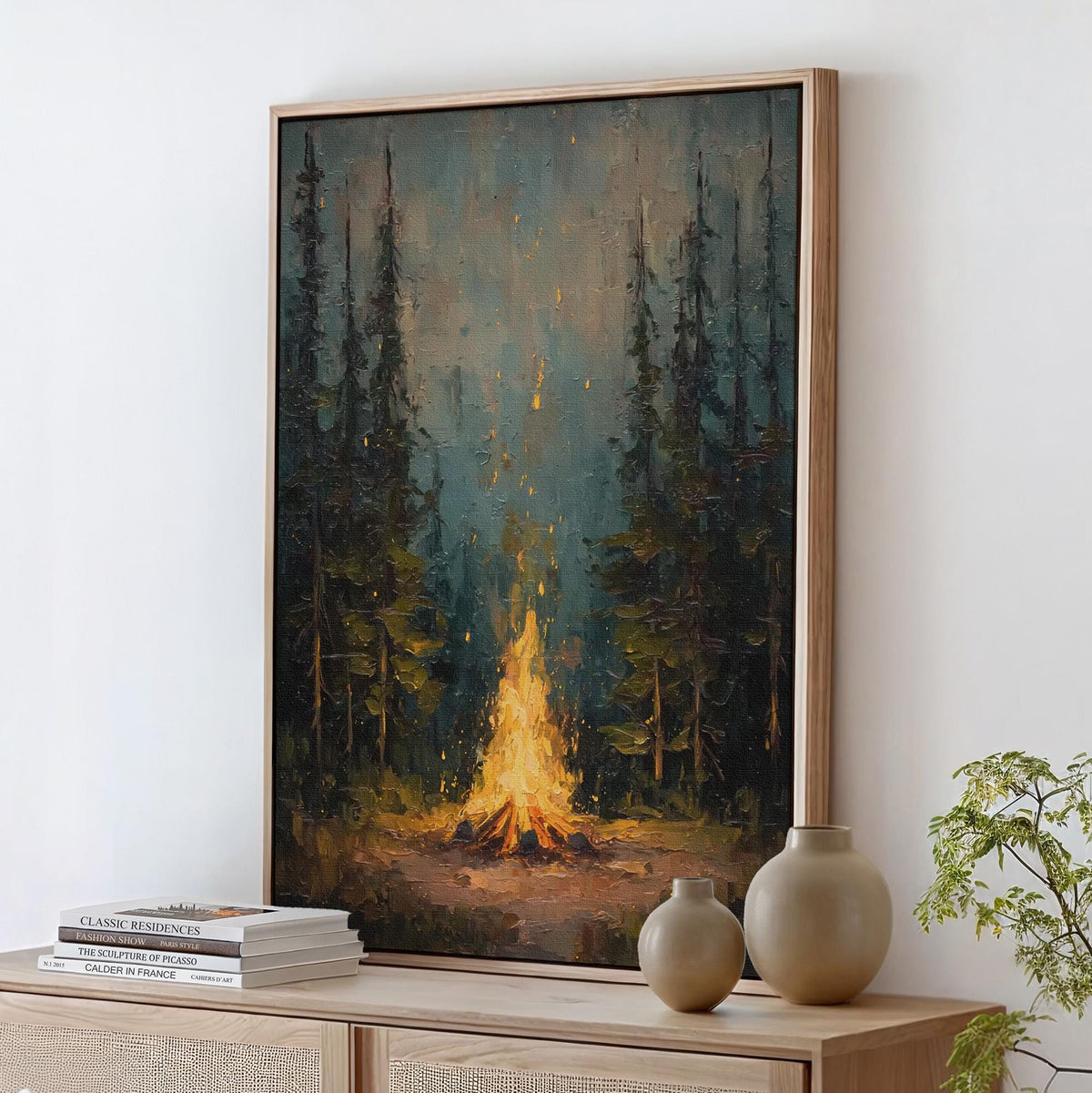 Rustic Campfire Oil Painting, Moody Pine Tree Poster Print, Camping Theme Wall Art, Cabin Wall Decor, Vintage Forest Pai