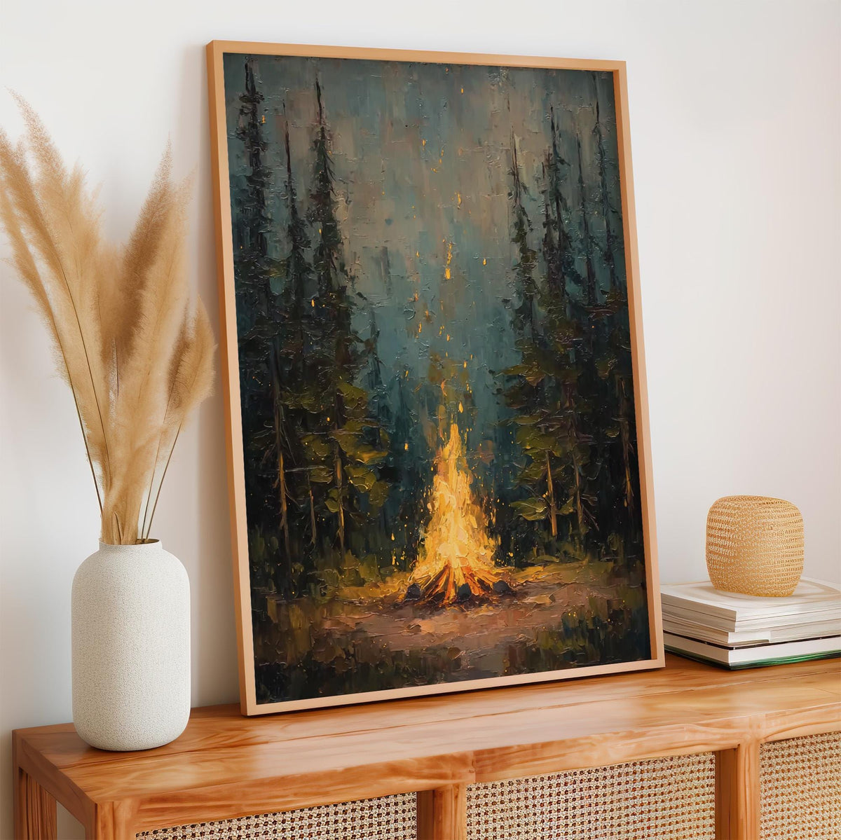 Rustic Campfire Oil Painting, Moody Pine Tree Poster Print, Camping Theme Wall Art, Cabin Wall Decor, Vintage Forest Pai