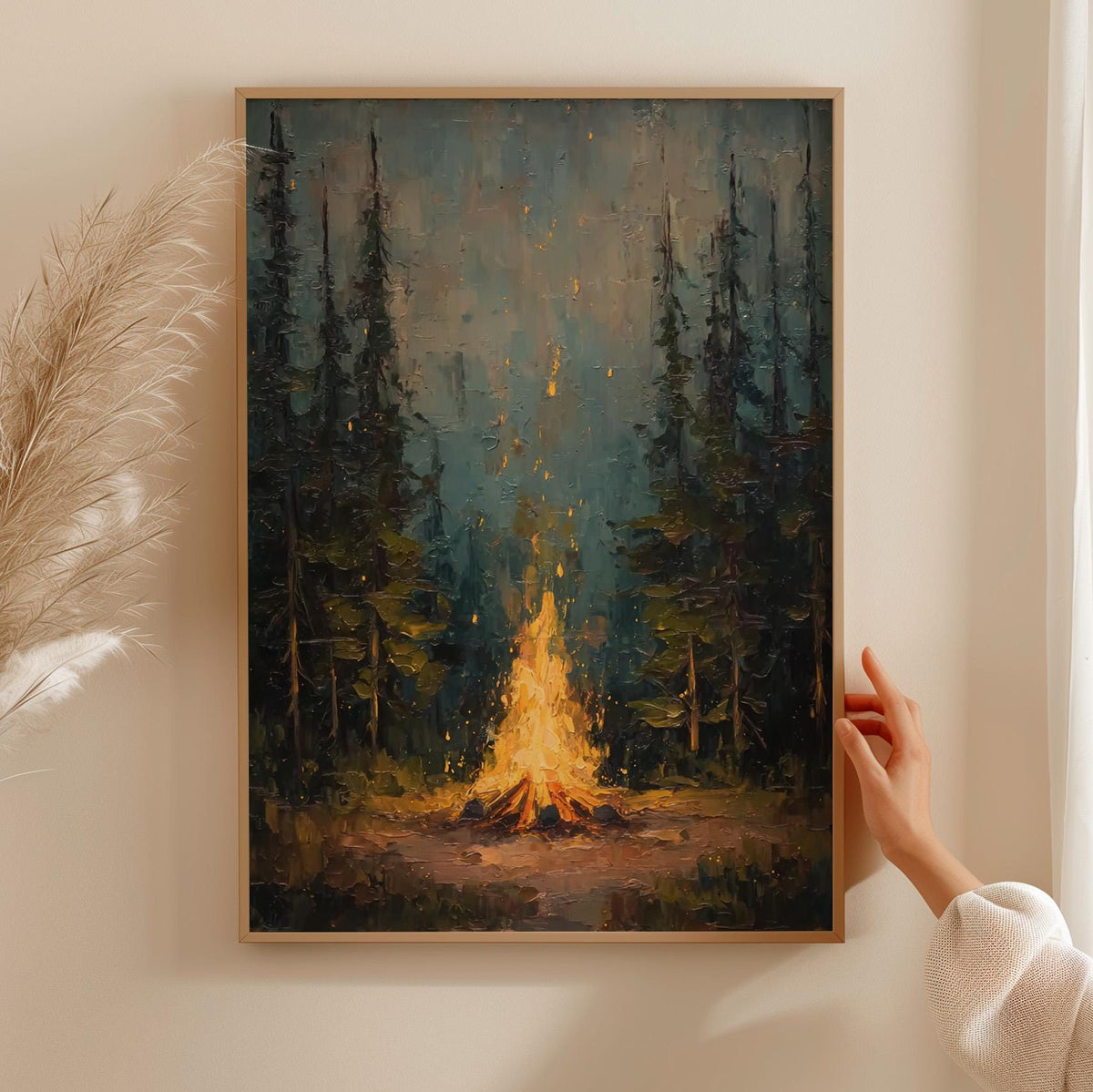 Rustic Campfire Oil Painting, Moody Pine Tree Poster Print, Camping Theme Wall Art, Cabin Wall Decor, Vintage Forest Pai