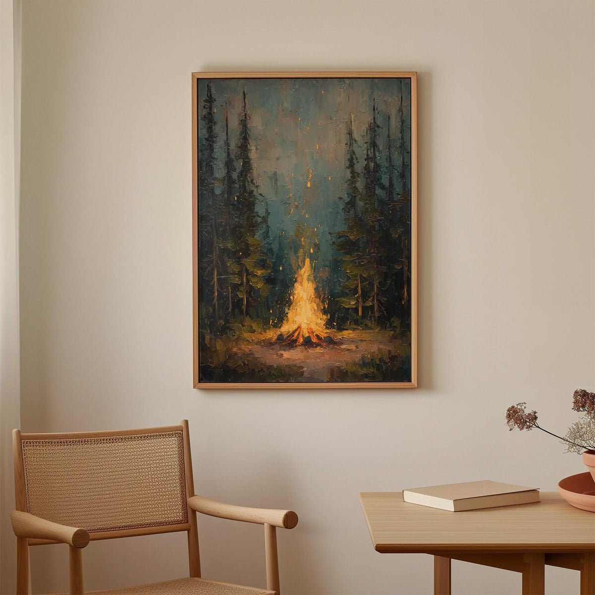 Rustic Campfire Oil Painting, Moody Pine Tree Poster Print, Camping Theme Wall Art, Cabin Wall Decor, Vintage Forest Pai