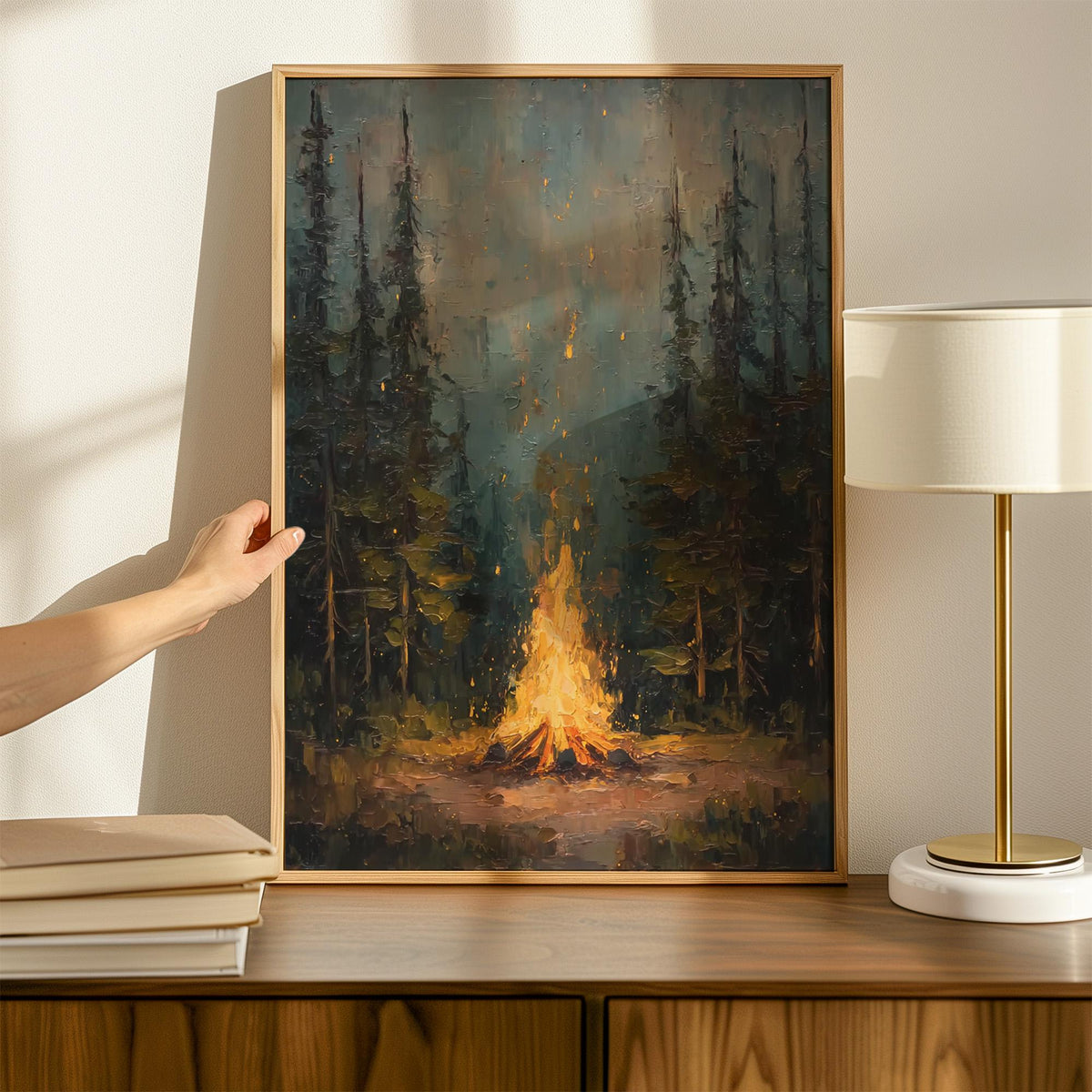 Rustic Campfire Oil Painting, Moody Pine Tree Poster Print, Camping Theme Wall Art, Cabin Wall Decor, Vintage Forest Pai