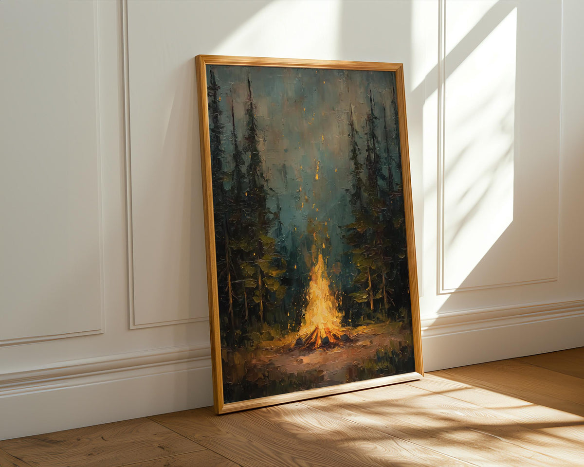 Rustic Campfire Oil Painting, Moody Pine Tree Poster Print, Camping Theme Wall Art, Cabin Wall Decor, Vintage Forest Pai