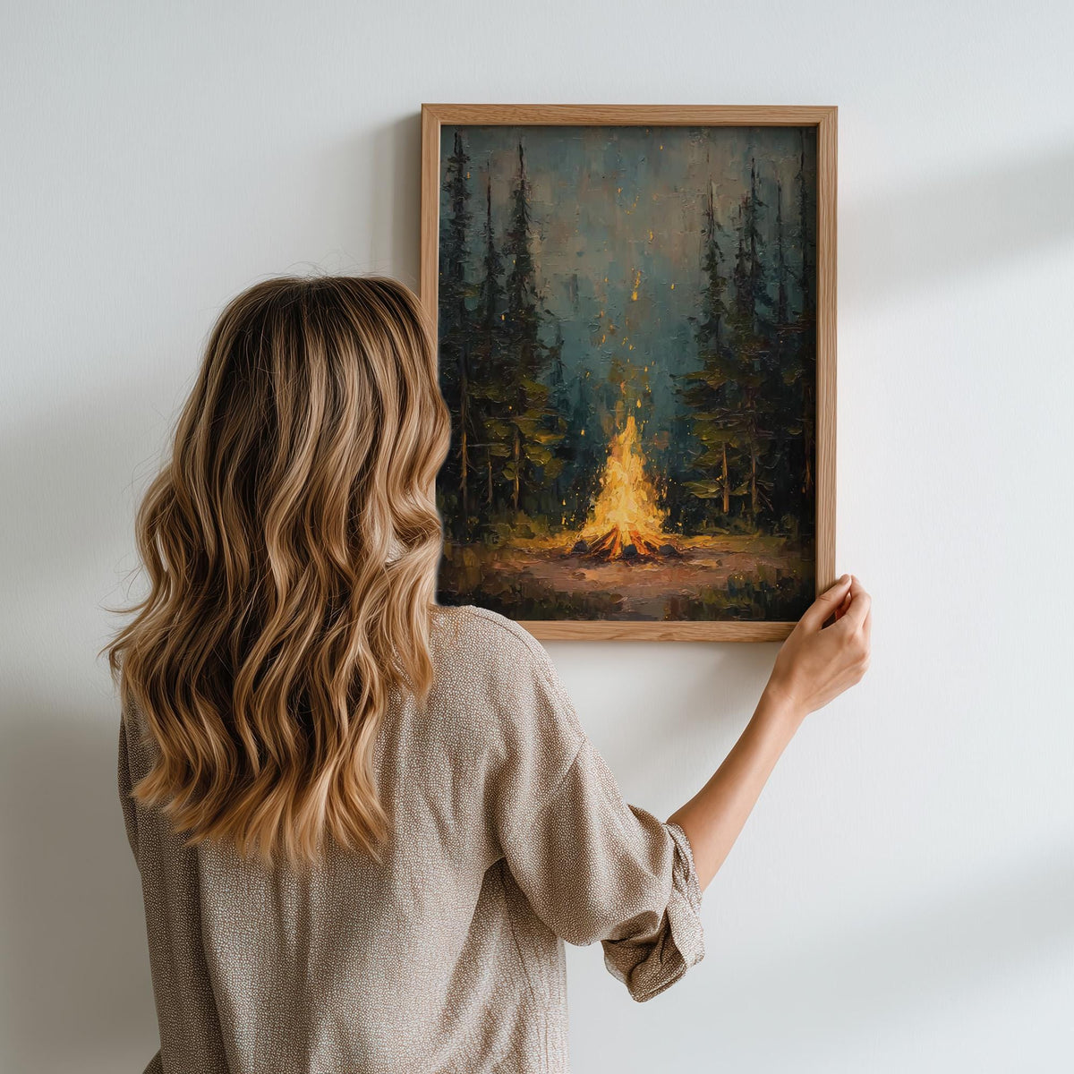 Rustic Campfire Oil Painting, Moody Pine Tree Poster Print, Camping Theme Wall Art, Cabin Wall Decor, Vintage Forest Pai