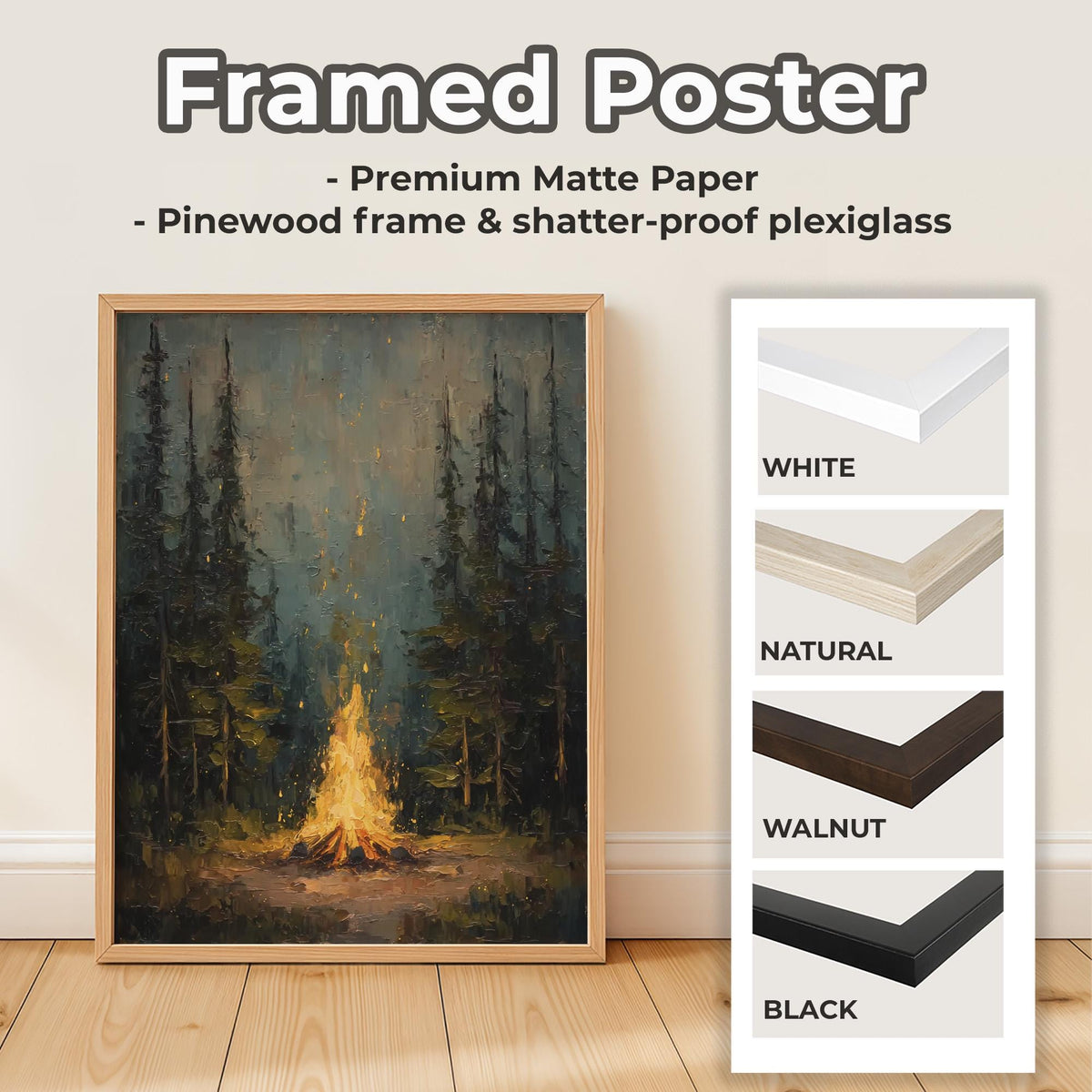 Rustic Campfire Oil Painting, Moody Pine Tree Poster Print, Camping Theme Wall Art, Cabin Wall Decor, Vintage Forest Pai