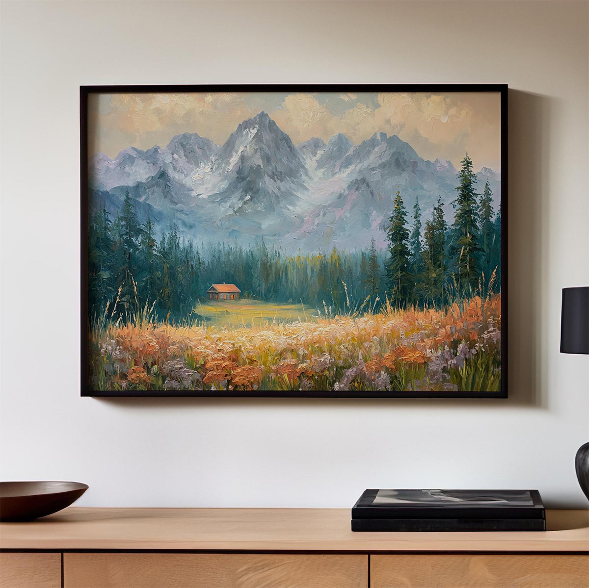 Vintage Pacific Northwest Landscape Art Print, Mountain Wildflowers Painting, Botanical Wall Art Poster, Cozy Nature Dec