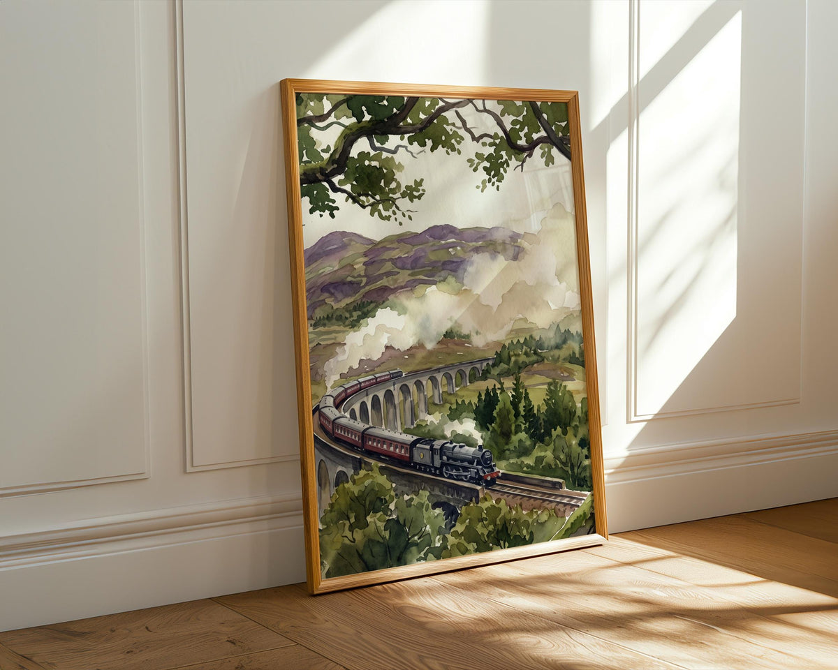 Glenfinnan Viaduct Art Print, Scottish Highlands Watercolor Landscape, Scenic Scotland Travel Wall Art for Home Decor, A