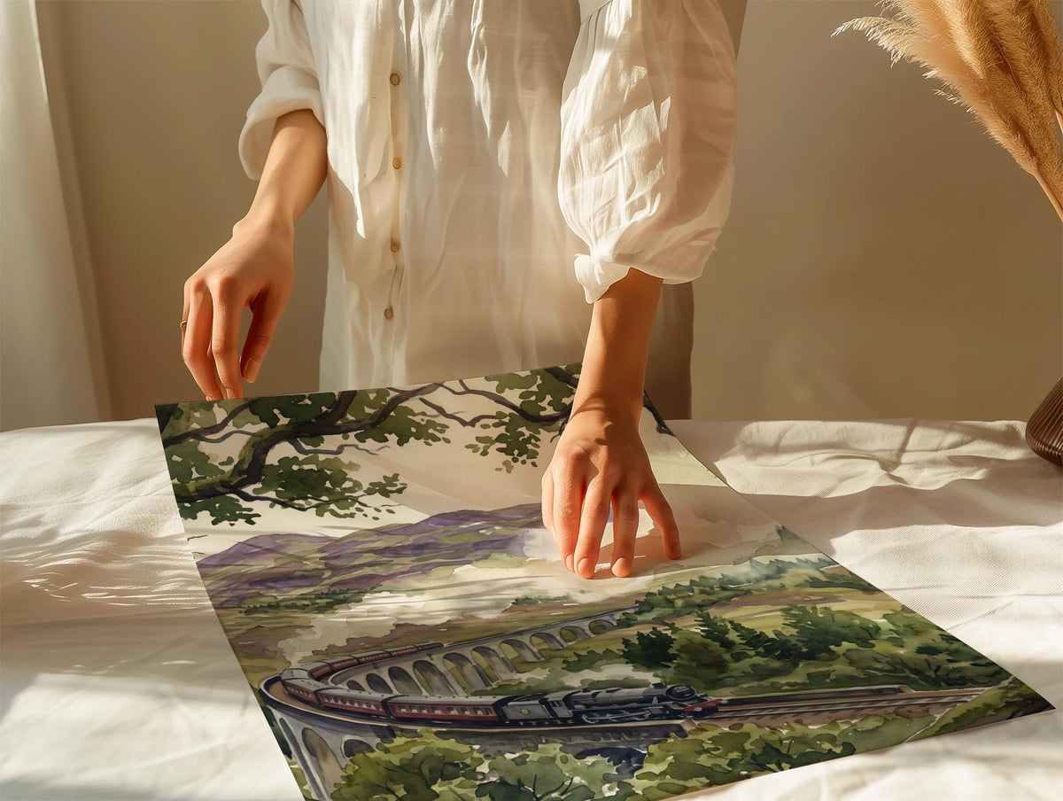Glenfinnan Viaduct Art Print, Scottish Highlands Watercolor Landscape, Scenic Scotland Travel Wall Art for Home Decor, A