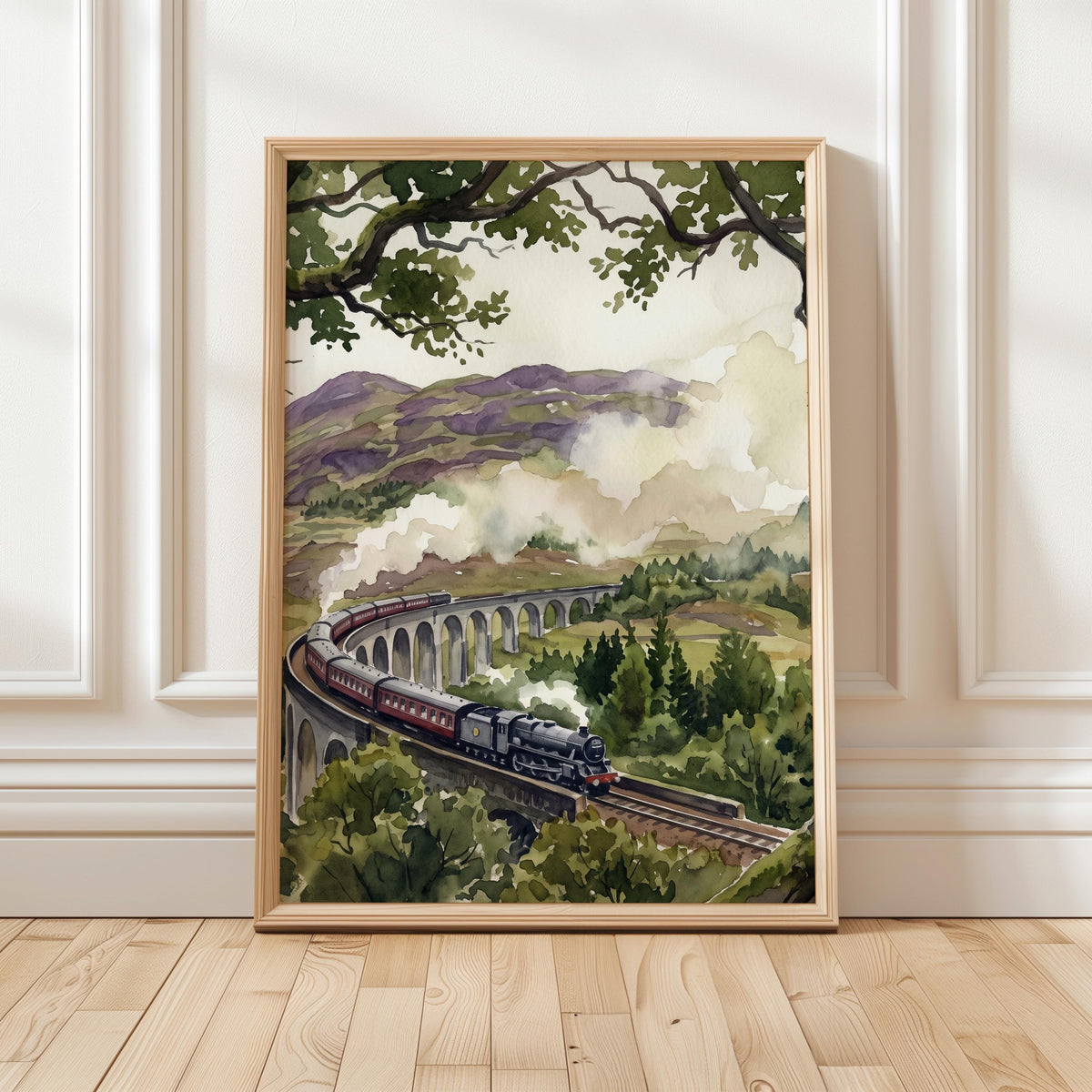 Glenfinnan Viaduct Art Print, Scottish Highlands Watercolor Landscape, Scenic Scotland Travel Wall Art for Home Decor, A