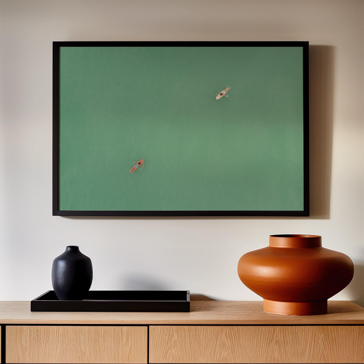 Green Abstract Swimming Art, Two Girls Painting, Modern Figure Wall Art with Expressive Movement and Contemporary Green 
